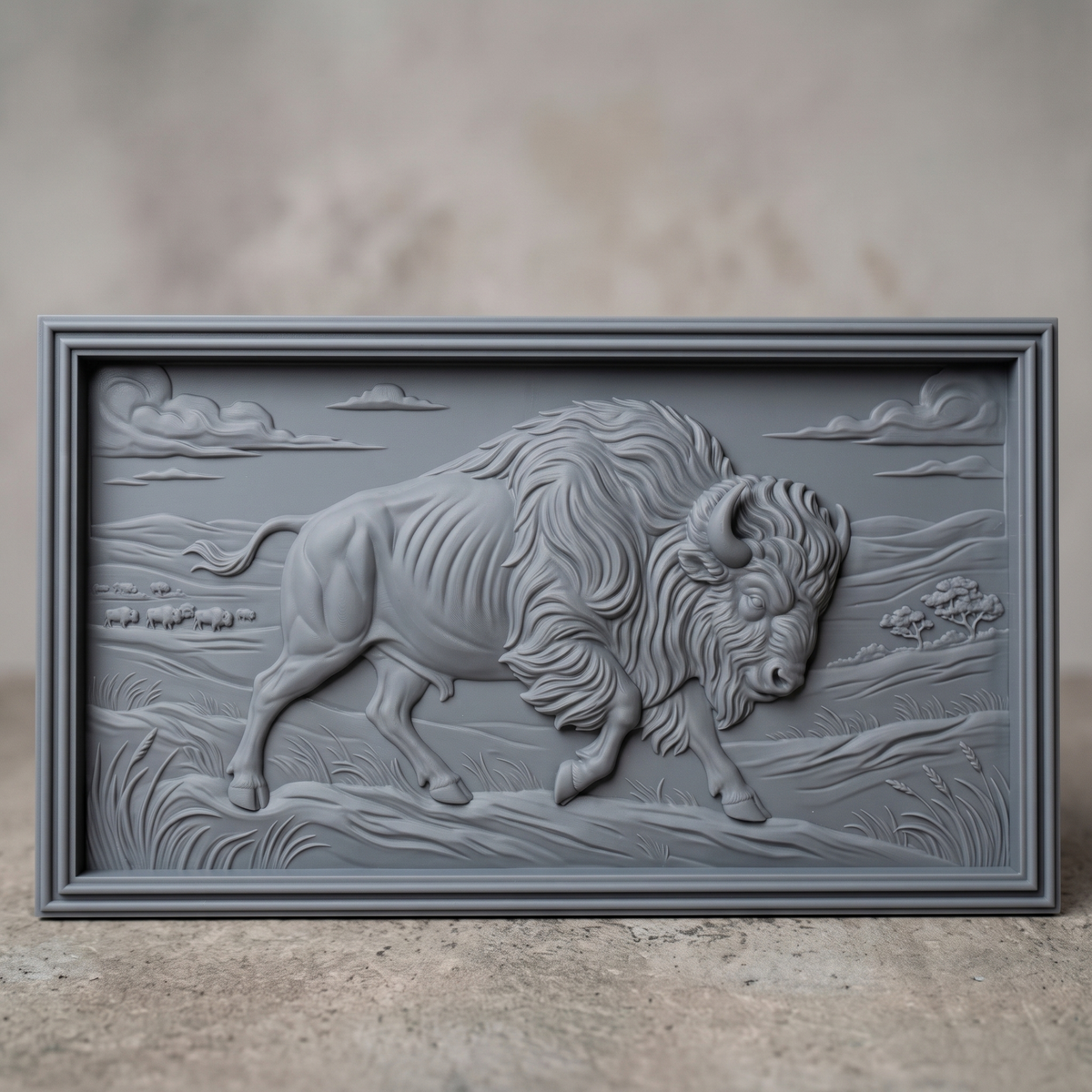Bison walking across an open prairie with rolling hills, grass, a distant herd, trees and sculpted clouds, carved in high relief inside a wide landscape rectangle frame, digital STL model for CNC router carving and 3D printing.