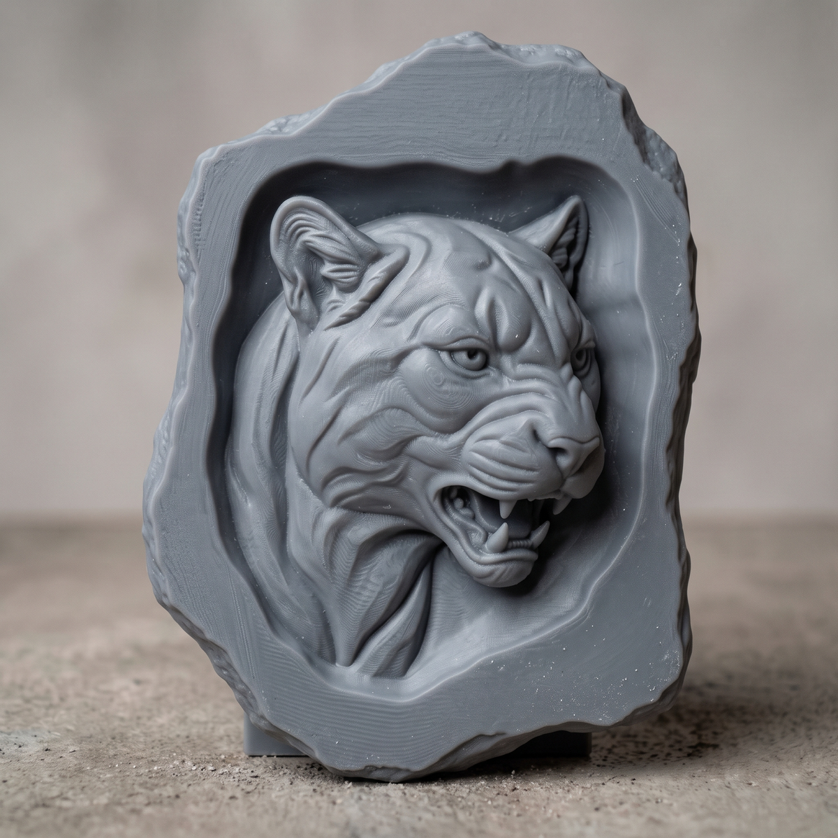 Carved walnut wood mountain lion head cutout with an irregular live edge outline, shown as a CNC relief model on a workshop bench and as a grey resin render. Digital STL file for CNC routers and 3D printers, ideal for wall art, wildlife decor and woodworking projects.