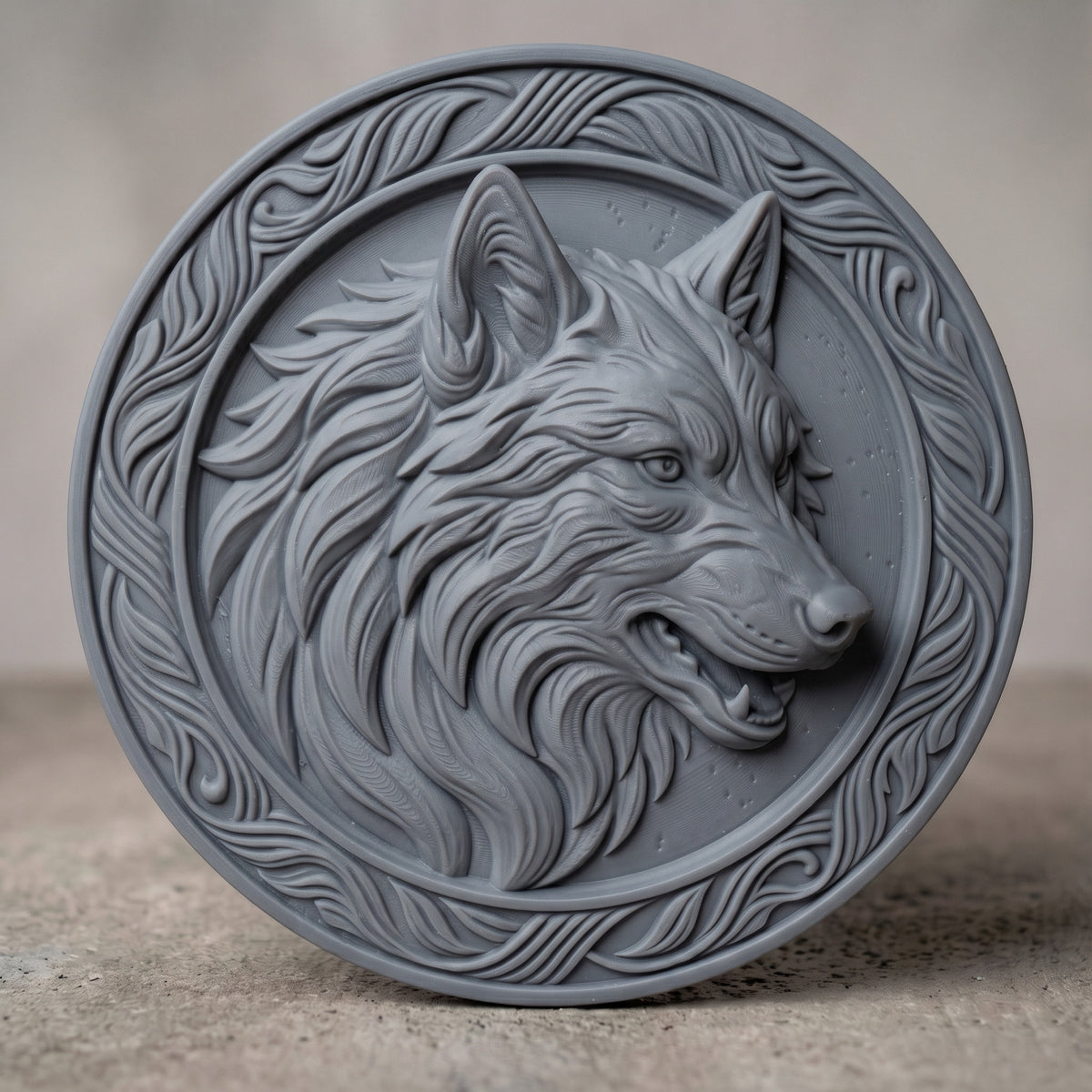 Detailed 3D bas-relief of a wolf head in profile with flowing layered fur, pointed ears and an open snarling mouth, set inside a raised round frame with carved leaf and vine scrollwork. Fine fur texture and deep shadows on a circular medallion panel. Made for CNC router carving, woodworking, 3D printing and rustic wolf wall decor.