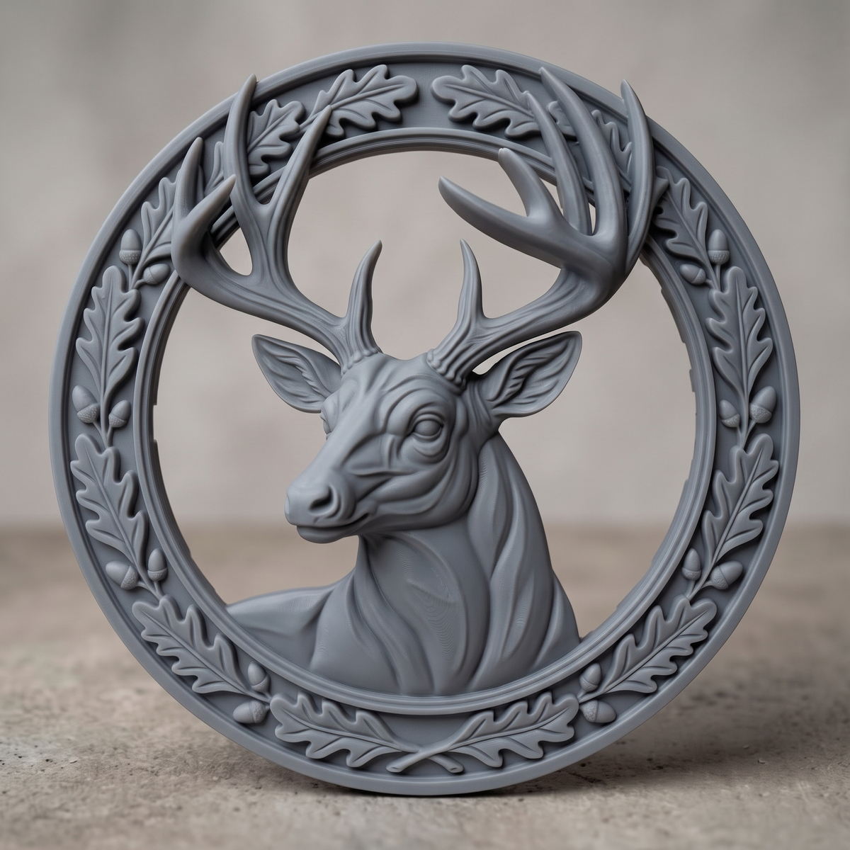 High-relief 3D bas-relief of a deer head with large antlers inside a circular wreath of oak leaves and acorns, made as an open cutout with the background cut away. Fine antler, fur and leaf detail with layered relief. Designed for CNC relief carving, wood routing and 3D printing as rustic wildlife wall decor for a cabin, lodge or hunting den.