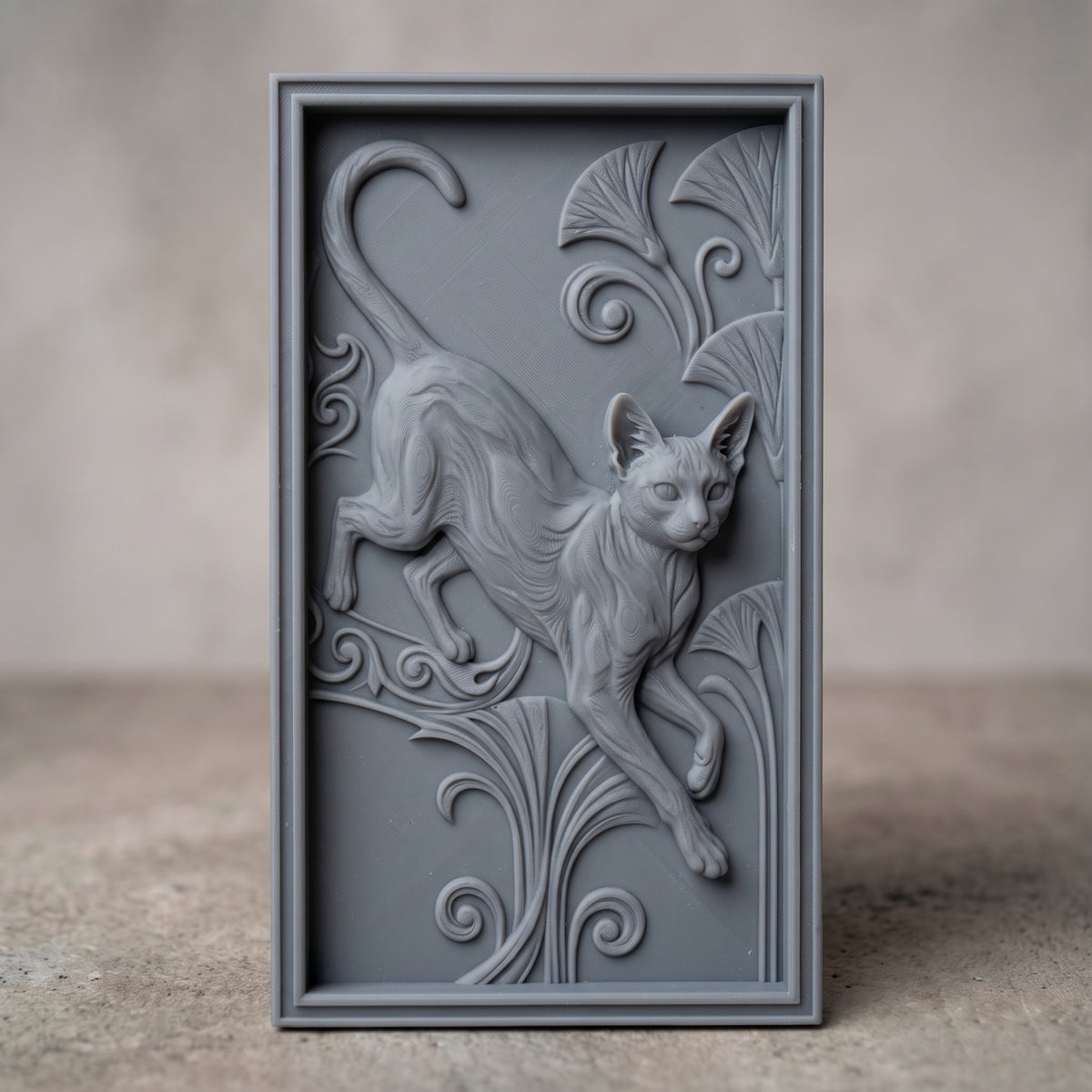 Sleek Oriental cat caught mid-leap with a curled tail, carved as a detailed 3D bas-relief among art nouveau lily fans and spiraling scrollwork. The design sits within a molded rectangular frame border. Designed for CNC relief carving, wood routing, and 3D printing as wall decor.