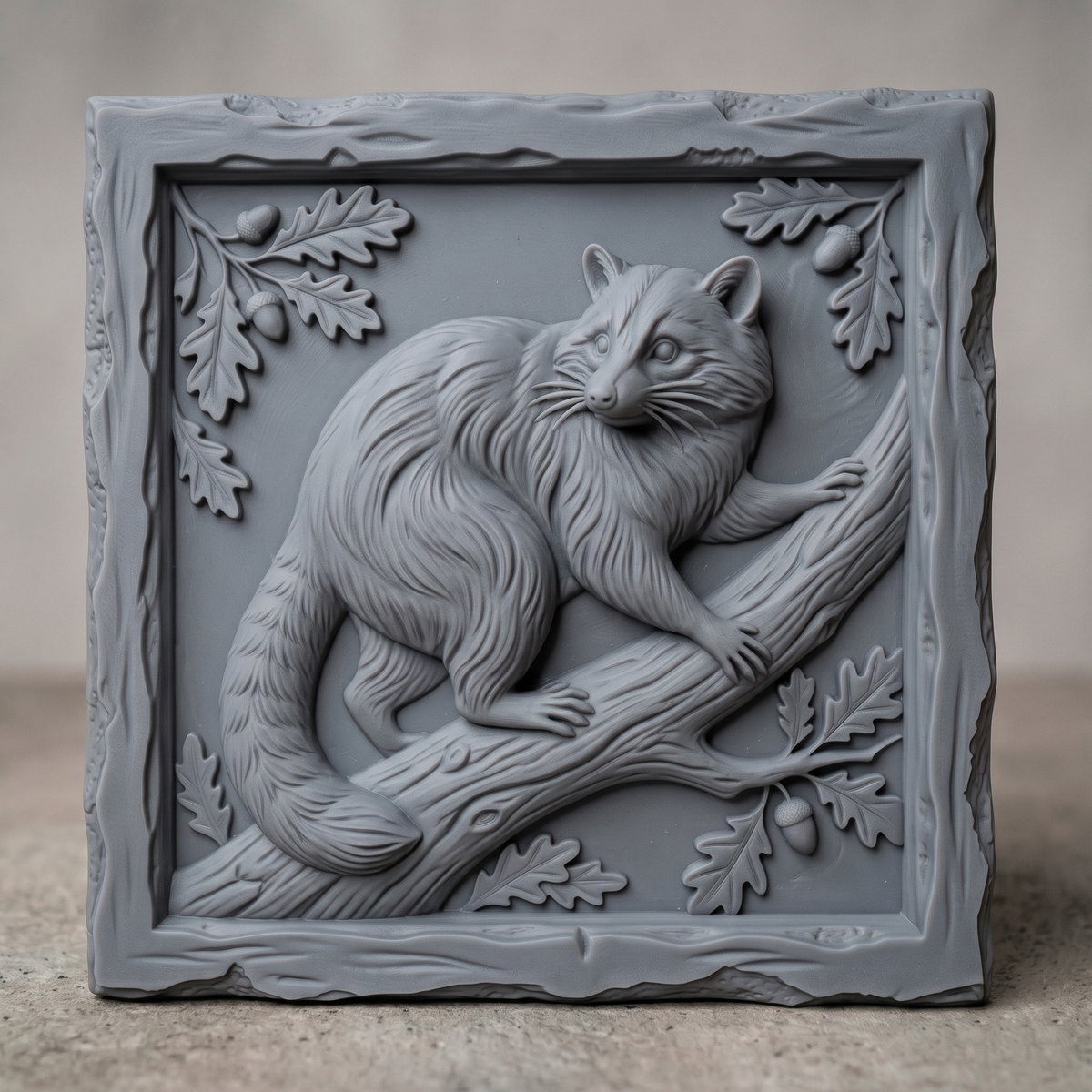 A detailed 3D bas-relief of a raccoon set within a square frame, capturing its facial markings, fur texture, and alert expression in fine raised detail. The design is bordered by a clean square edge, giving it a finished plaque-like presentation. Carved in wood grain texture with natural highlights and shadow depth. Designed for CNC relief carving, wood routing, and 3D printing as wall decor or a nature-themed gift.