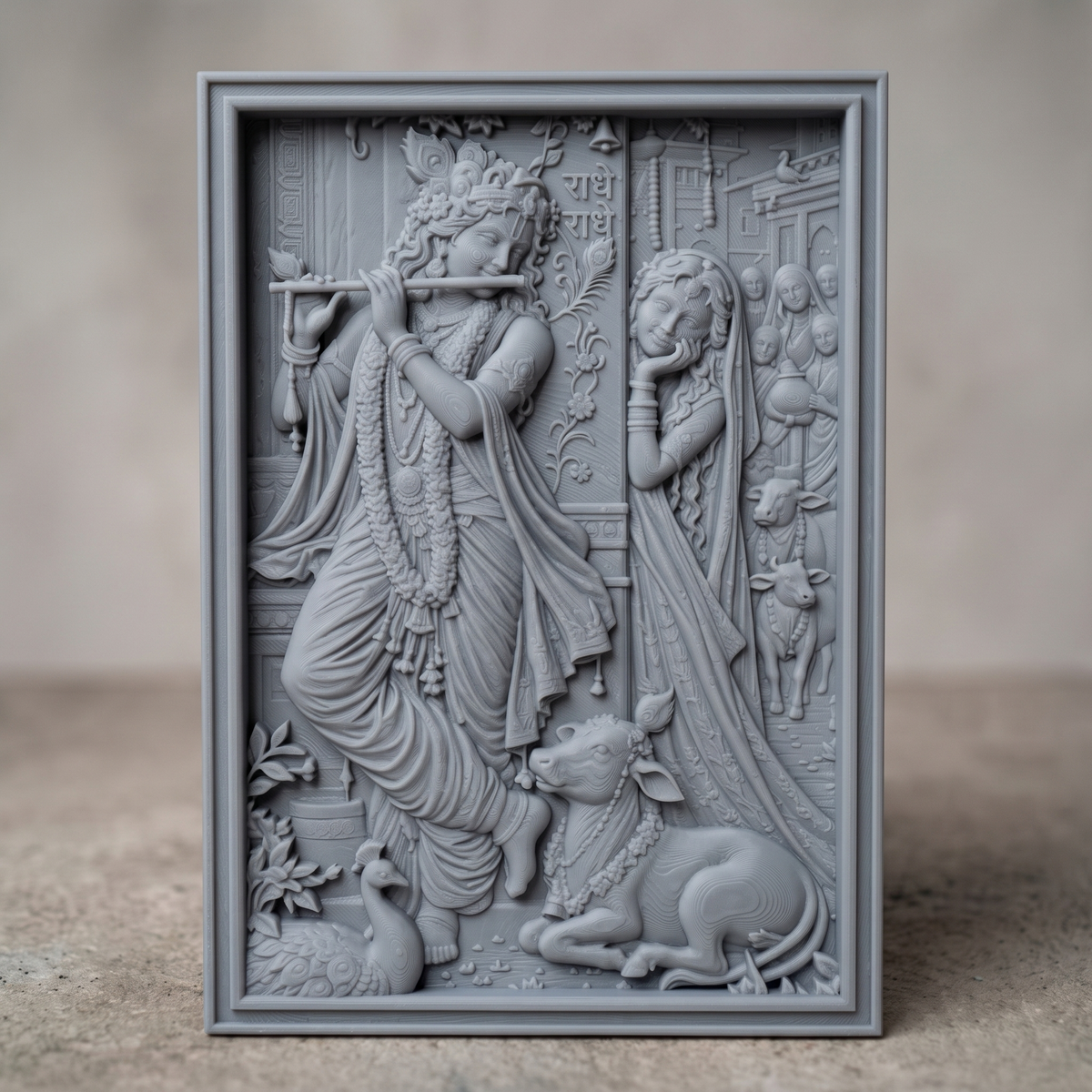 Bas-relief of Radha and Krishna, Krishna playing a flute beneath a carved doorway inscribed Radhe Radhe, with Radha resting her chin on her hand beside him. Gopis carrying pots and grazing cows fill the background, a peacock and calf rest below, all carved in rich wood-grain texture within a rectangular frame. Designed for CNC relief carving, wood routing, and 3D printing as devotional wall decor.