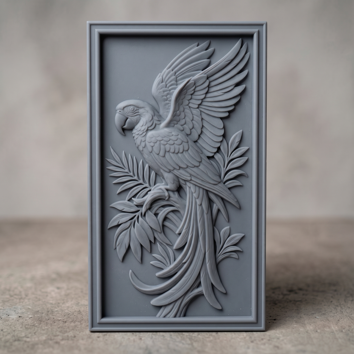 Detailed 3D bas-relief of a macaw parrot perched on a branch, wings fully spread, surrounded by palm fronds and scrollwork leaves. Carved in rich walnut wood grain with fine feather texture, set within a raised rectangular frame border. Designed for CNC relief carving, wood routing, resin casting, and 3D printing as wall decor.