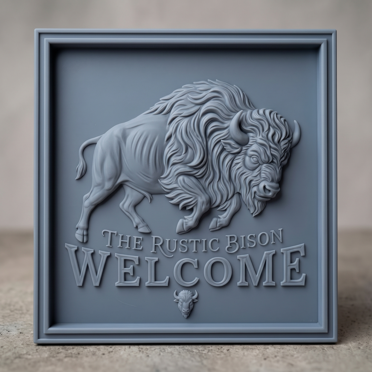 High-relief 3D bas-relief of a charging American bison with a shaggy mane and curved horns inside a stepped square frame. Raised lettering reads The Rustic Bison Welcome, with a small bison head emblem below. Fine fur and muscle detail on a flat panel. Designed for CNC relief carving, wood routing and 3D printing as a rustic welcome sign for a cabin, ranch or porch.