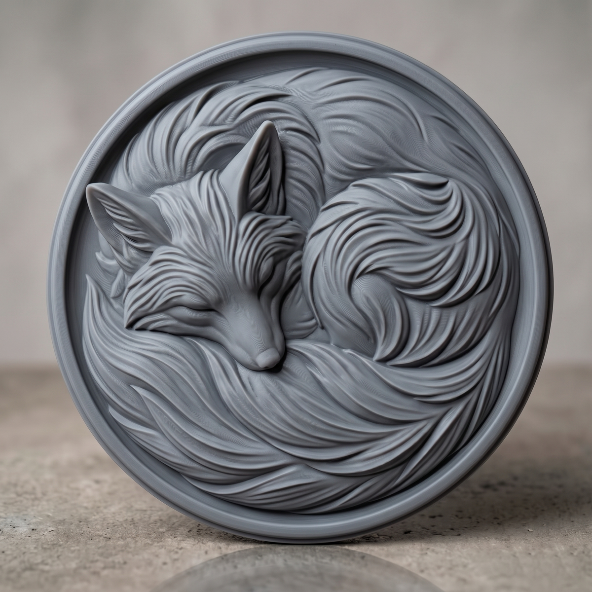 Detailed 3D bas-relief of a fox curled asleep nose to tail, eyes closed, ears laid back against a thick brush tail that sweeps around the body. Long flowing fur strands fill the recessed panel, framed by a plain raised circular rim. Carved wood texture in high relief. Designed for CNC relief carving, wood routing, and 3D printing as woodland nursery and cabin wall decor.