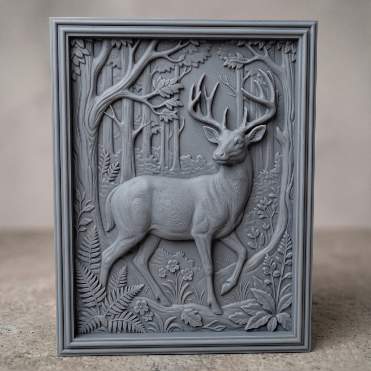 3D bas-relief of a majestic buck with a full set of antlers, standing in a woodland scene inside a rectangular frame with a moulded stepped border. Tall trees, leafy branches, ferns, wildflowers and a fallen log surround the deer. Smooth sculpted anatomy and fine foliage detail. Designed for CNC relief carving, woodworking and 3D printing as rectangular wall decor.
