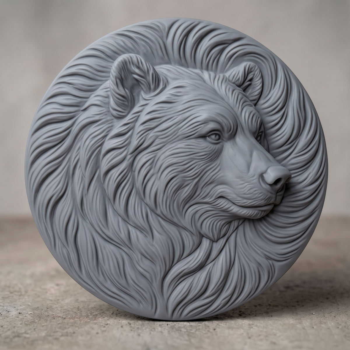 Detailed 3D bas-relief of a grizzly bear head in profile with flowing fur swirling to the edge of a round medallion disc, with expressive eyes, rounded ears and textured muzzle. Shown in carved walnut wood and grey resin. Designed for CNC relief carving, woodworking and 3D printing as rustic cabin wildlife wall decor.
