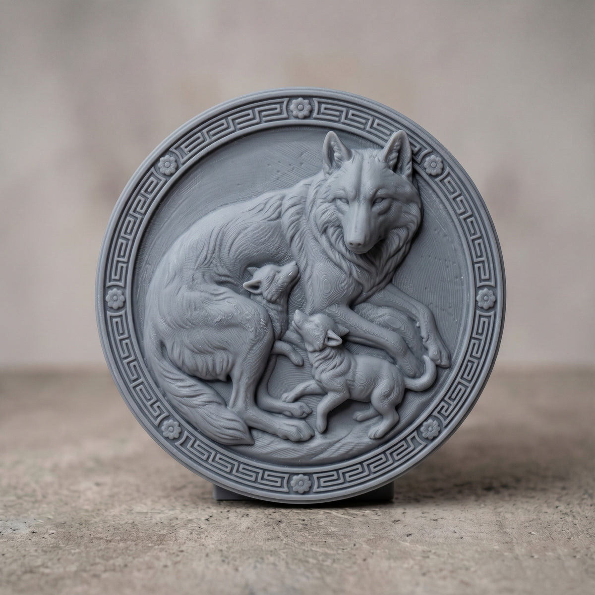 Detailed 3D bas-relief of a mother wolf resting with two playful pups, set inside a round medallion framed by a raised Greek key border and four floral rosettes. Soft fur texture and sculpted paws stand out against a smooth backing panel. Designed for CNC relief carving, wood routing, and 3D printing as nursery or family wall decor.