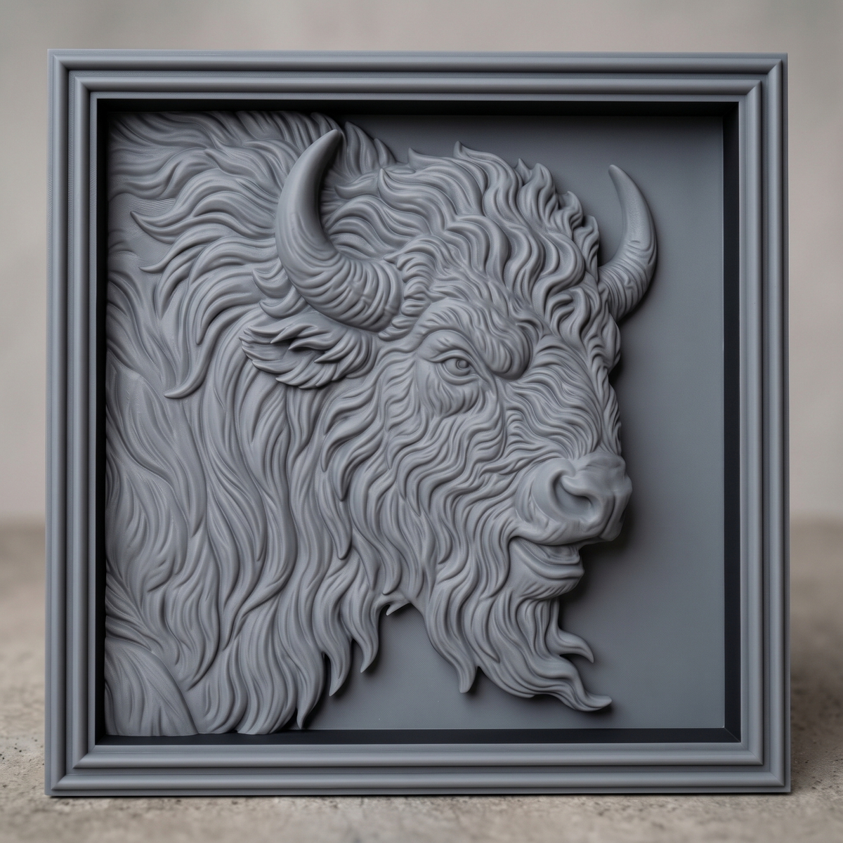 Bison head in side profile facing right with two curved horns, shaggy mane and beard, carved in high relief inside a square stepped molded frame, digital STL model for CNC router carving and 3D printing.