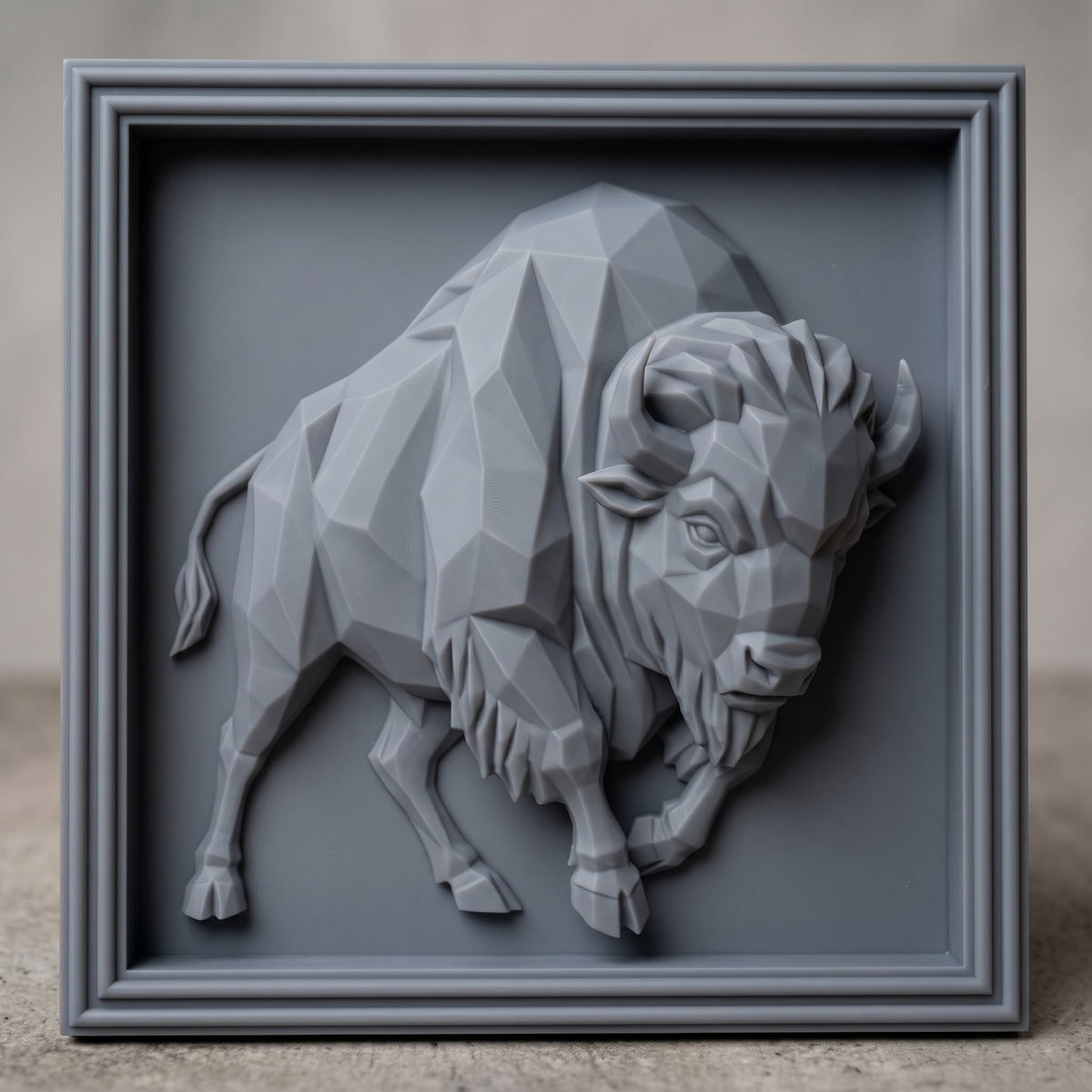 Full-body low poly geometric bison walking forward with lowered head and curved horns, faceted angular planes carved in relief inside a square stepped molded frame, digital STL model for CNC router carving and 3D printing.