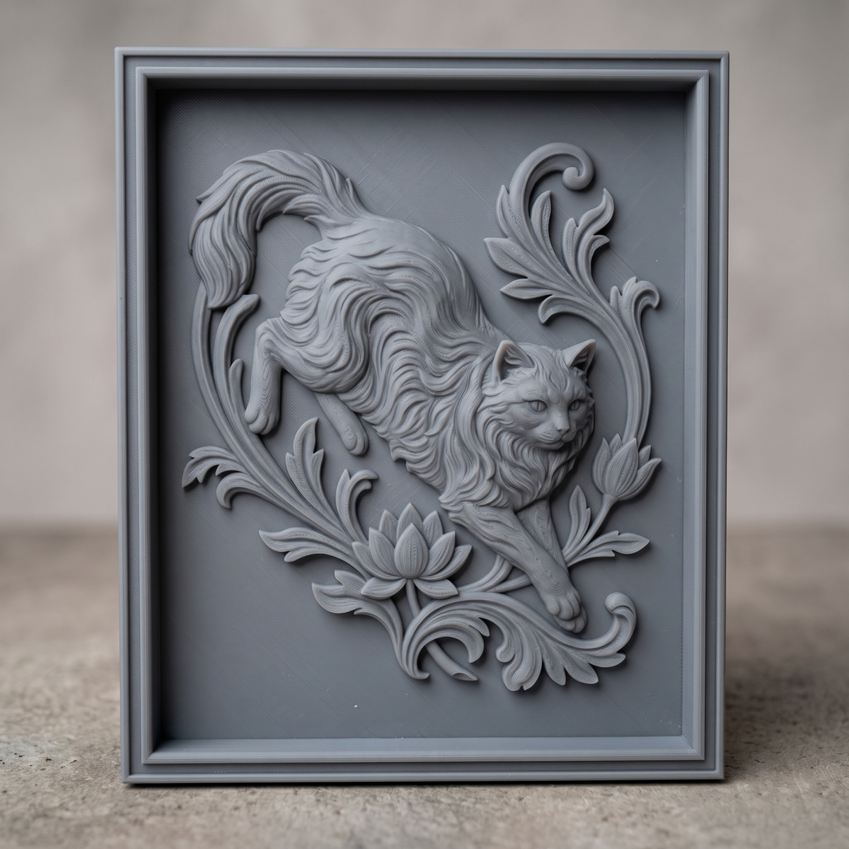 Long-haired cat in a leaping pose with a large curled tail, carved in detailed 3D bas-relief and surrounded by baroque acanthus scrollwork and blooming lotus flowers. The design sits within a raised rectangular frame border, shown here in dark walnut wood and grey resin finishes. Designed for CNC relief carving, wood routing, and 3D printing as wall decor.