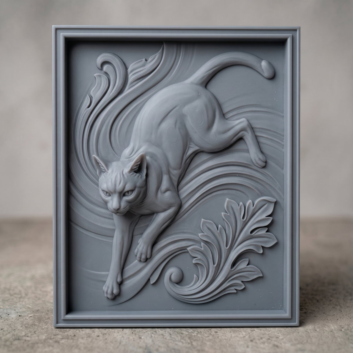 3D bas-relief of a prowling cat, captured mid-stride with an arched back and curled tail, carved amid flowing acanthus scrollwork and leafy filigree. The scene is set within a raised rectangular molded frame with clean beveled edges. Fine fur texture and muscle definition run throughout the sculpt. Designed for CNC relief carving, wood routing, and 3D printing as wall decor or a display plaque.
