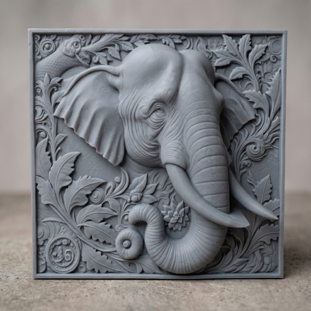 Elephant head carved in dark walnut wood inside a square frame with scrolling leaves, flowers and a curled trunk, shown as a workshop mockup and a grey resin render. Digital STL relief file for CNC routers and 3D printers, ideal for wildlife wall art, panels and woodworking projects.