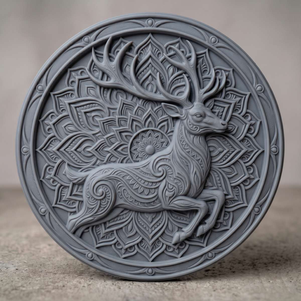 Detailed 3D bas-relief of a leaping stag with large branching antlers, its body carved with flowing swirl and paisley patterns, set against a lotus mandala of layered petals. A raised circular frame with a stepped ring and bead accents surrounds the scene. Fine carved texture and depth. Designed for CNC relief carving, woodworking, resin casting and 3D printing as wall decor.