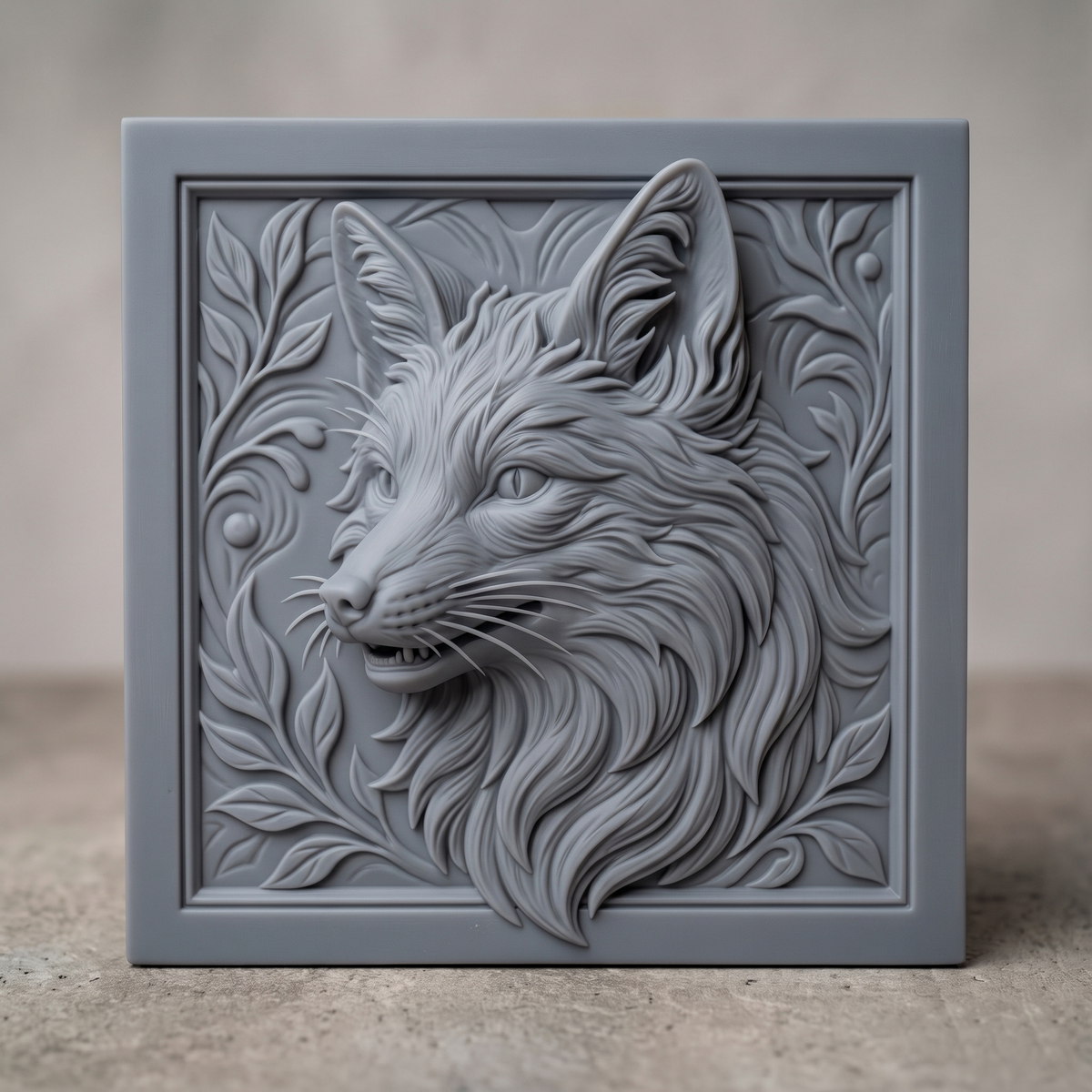 Detailed 3D bas-relief of a fox head with pointed ears, whiskers, and a slightly open mouth, carved in rich walnut wood grain with fine fur texture throughout. Leafy scrollwork, swirls, and small berry accents fill the corners within a raised square frame border. Designed for CNC relief carving, wood routing, and 3D printing as rustic wall decor.