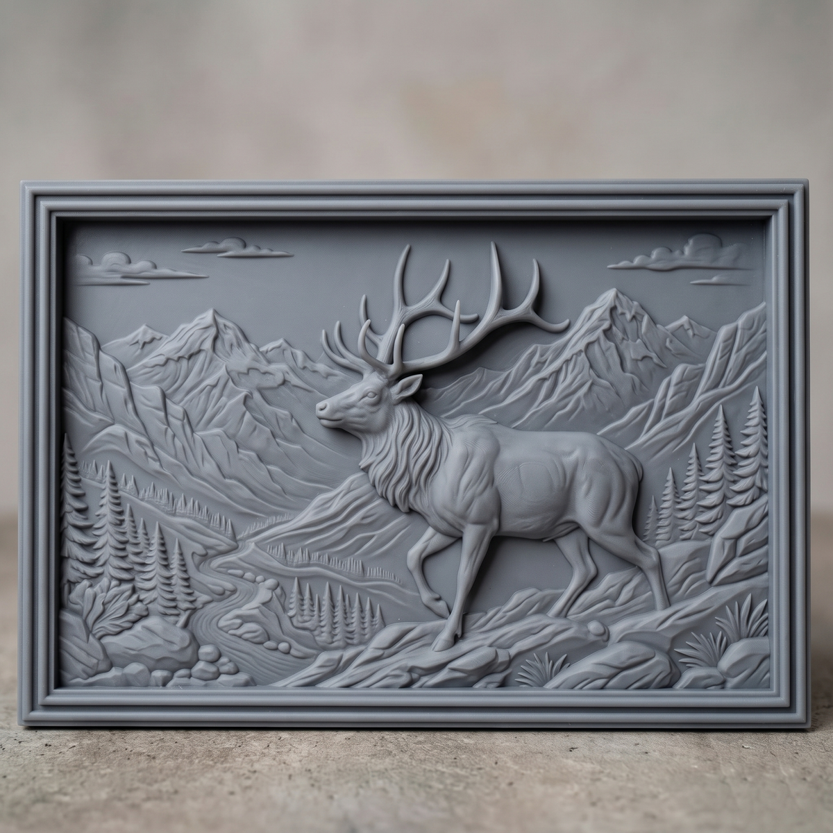 Detailed 3D bas-relief of a bull elk walking through a mountain valley with towering peaks, pine forest, winding river, clouds and rocky foreground. Set in a landscape rectangular panel with a stepped molded frame, shown in carved walnut wood. Designed for CNC relief carving, woodworking and 3D printing as rustic wildlife wall decor.