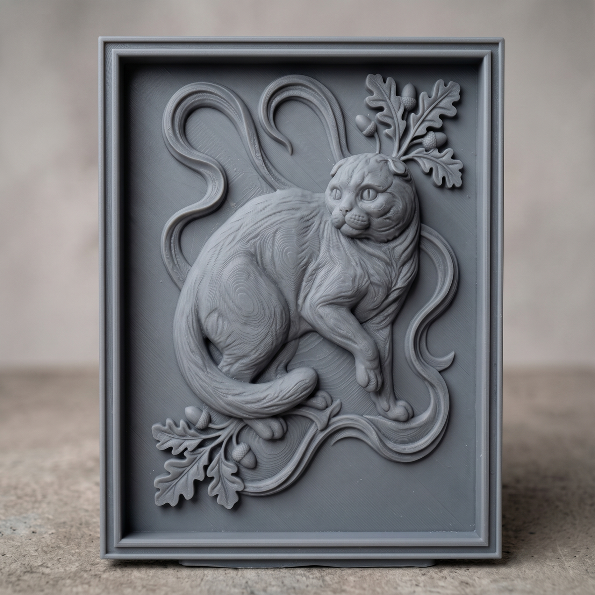 Crouching Scottish Fold cat carved in 3D bas-relief, with an oak leaf and acorn cluster rising behind its head and a curling Art Nouveau vine motif framing the scene. The tail wraps forward beneath a second oak leaf sprig, with fine fur and woodgrain texture throughout. Set within a raised rectangular molded frame. Designed for CNC relief carving, wood routing, resin casting, and 3D printing as wall decor.