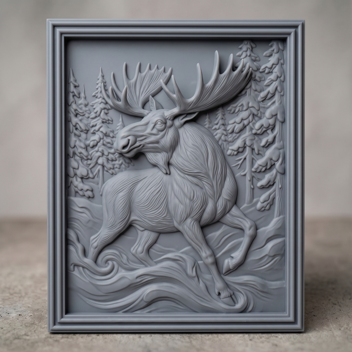 Realistic running moose with huge antlers and one front leg raised, framed by snow-covered pine trees with swirling snow waves below, shown as a portrait rectangular frame relief plaque with a stepped molded border, digital STL model for CNC router carving and 3D printing.