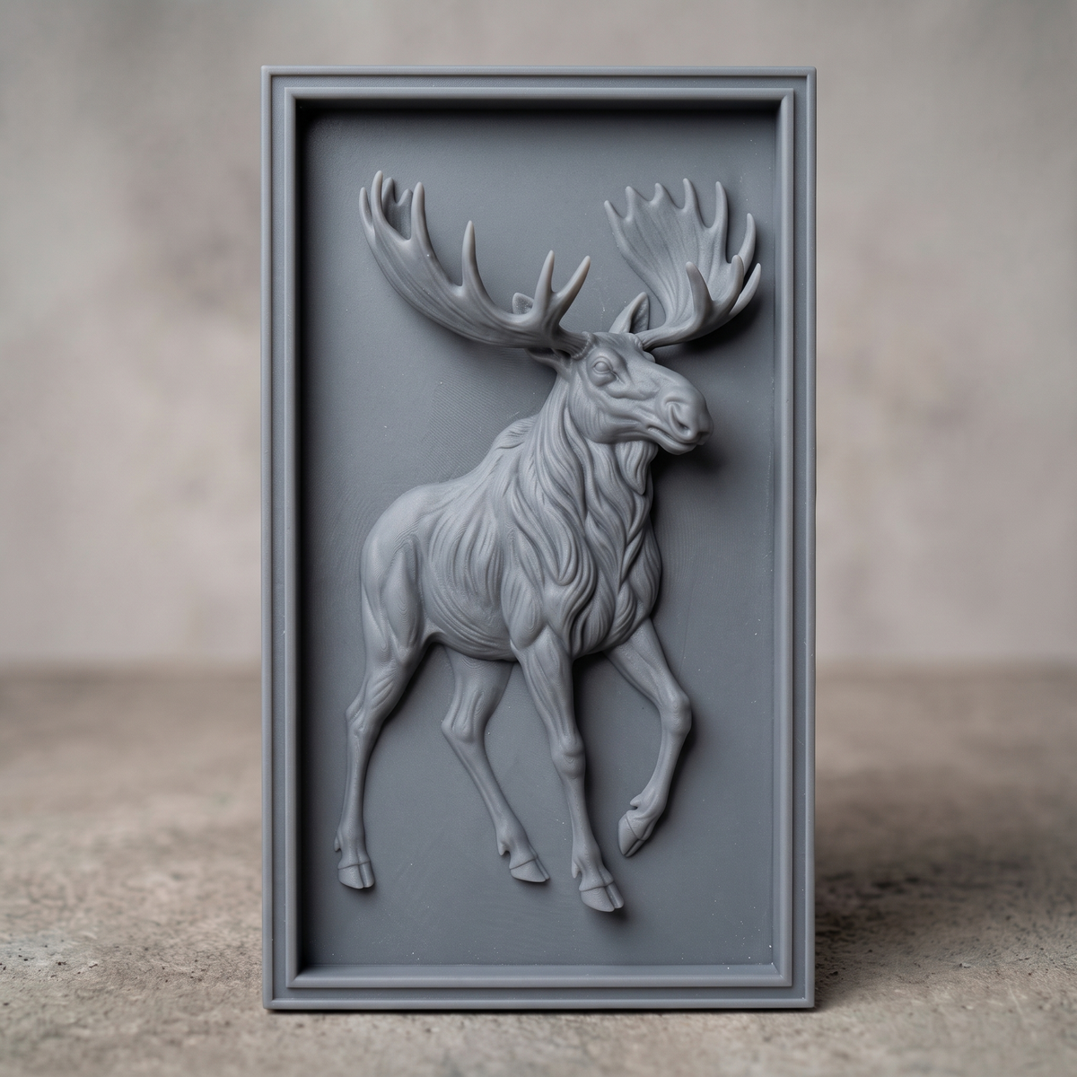 High-relief 3D bas-relief of a full-body walking bull moose with large palmate antlers, set in a tall stepped rectangular frame. Fine fur, muscle, leg and antler detail rising from a smooth background. Designed for CNC relief carving, wood routing and 3D printing as rustic wildlife wall decor for a cabin, lodge or hunting den.