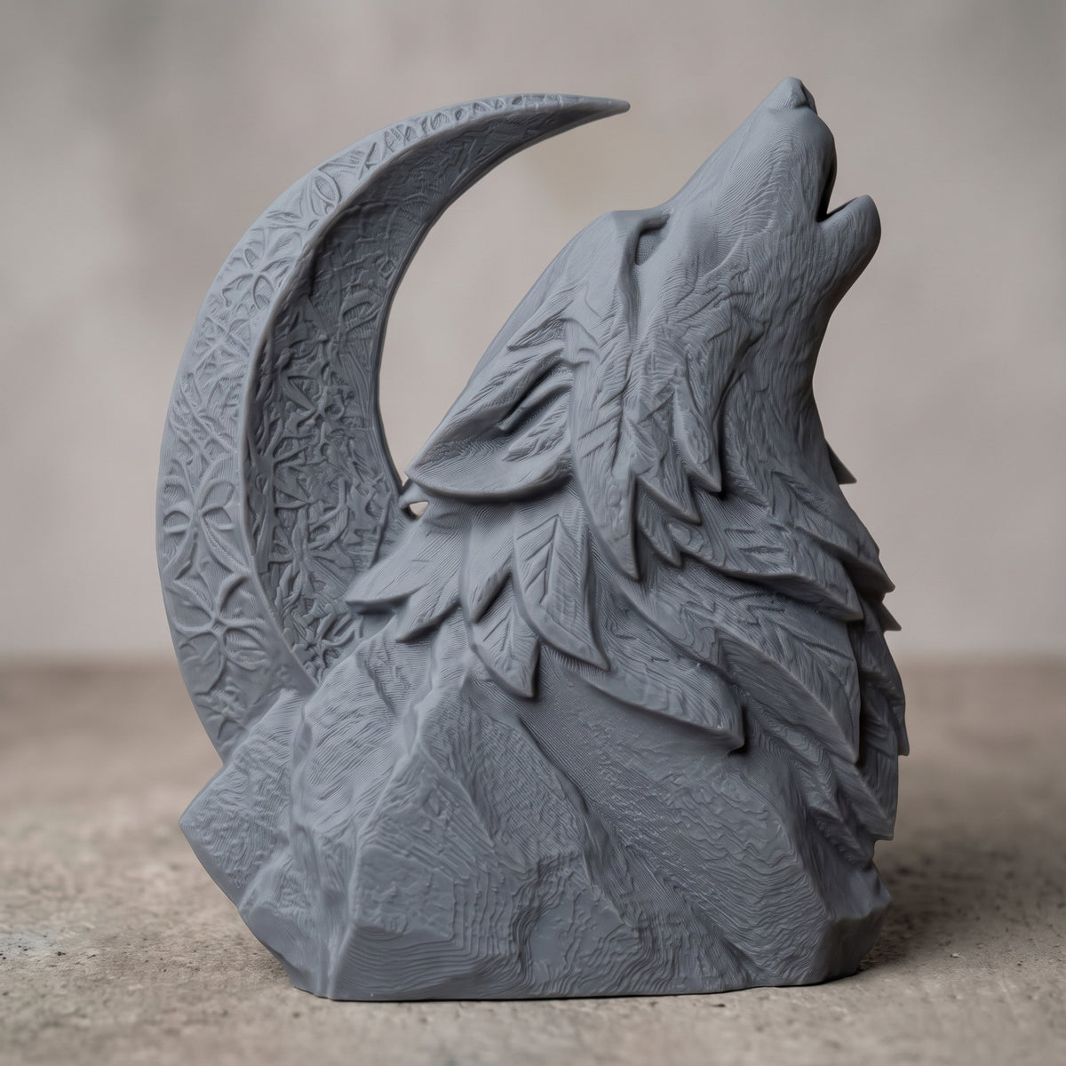 Detailed 3D bas-relief cutout of a wolf howling at a large crescent moon, perched on a rugged mountain rock. Layered fur tufts, leaf-like mane carving and intricate floral texture on the moon. Carved wood texture with raised detail and deep shadows. Designed for CNC carving, wood routing, 3D printing and rustic wall decor.