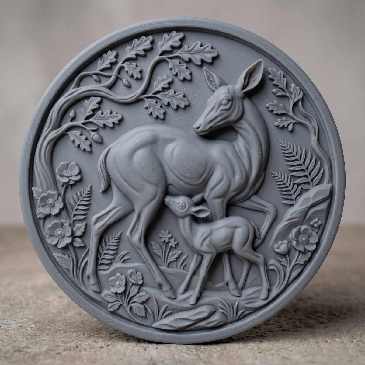 3D bas-relief of a doe looking back while her fawn nurses, set in a round medallion with a raised ring border. Oak branches with acorns arch overhead, with ferns, wild roses and meadow grass in raised detail. Smooth sculpted anatomy and fine leaf texture. Designed for CNC relief carving, woodworking and 3D printing as round wall decor.