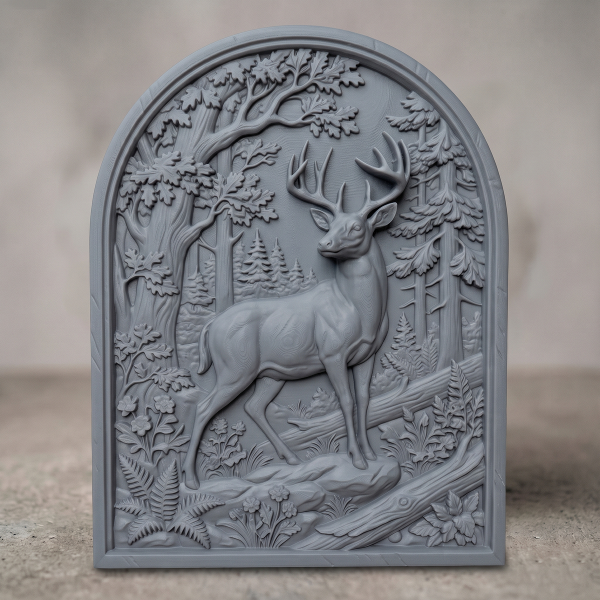3D bas-relief of a standing buck with a full set of antlers, set in an arched-top frame. Oak trees, tall pines, ferns, wildflowers and a fallen log surround the deer in raised forest detail. Smooth sculpted anatomy and fine leaf texture. Designed for CNC relief carving, woodworking and 3D printing as arched wall decor.