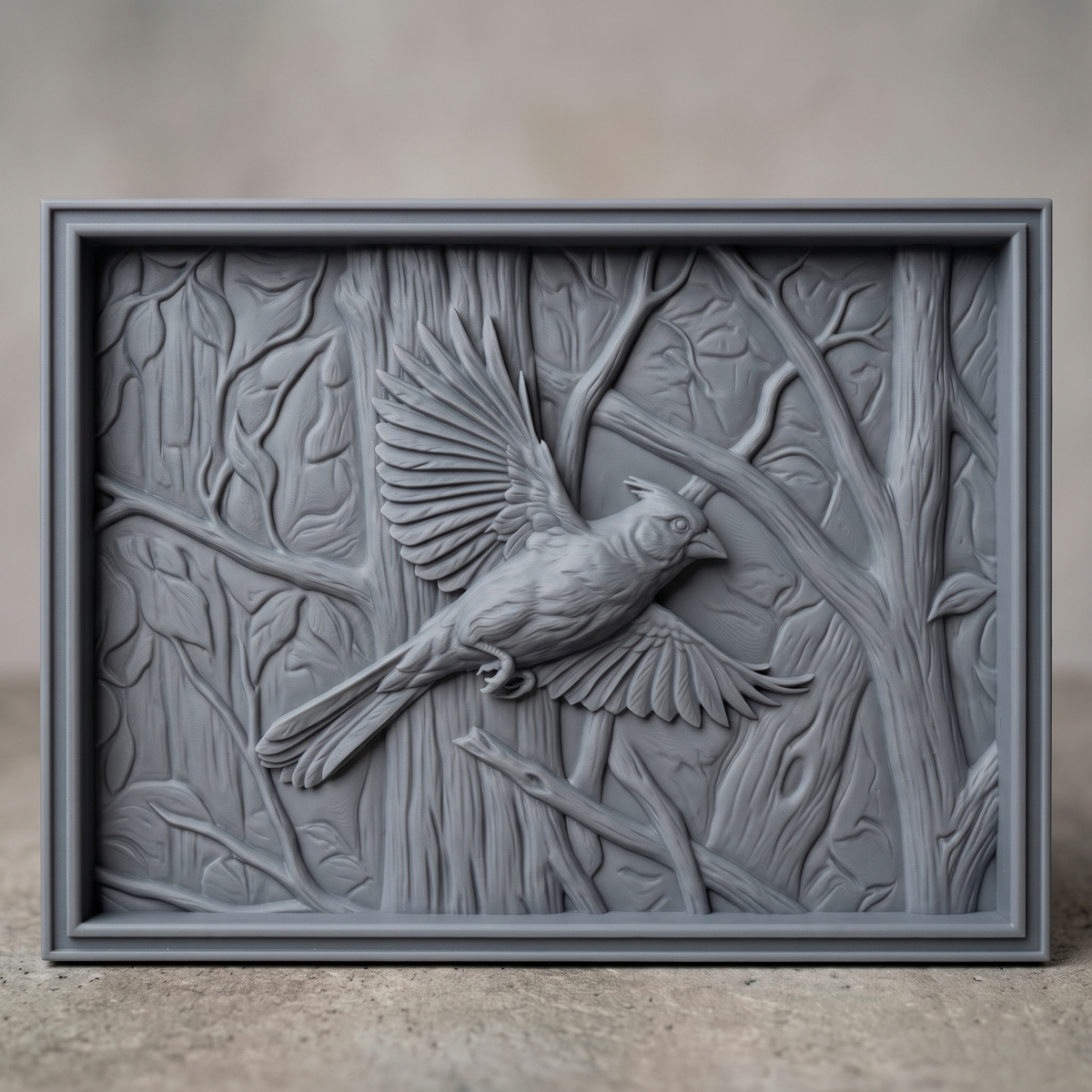 Detailed 3D bas-relief of a cardinal in flight, wings spread and tail fanned, perched among carved forest branches and leaves. The scene is set within a raised rectangular frame border, with fine feather and wood-grain texture throughout. Shown rendered in walnut wood, grey resin, and carved panel finishes. Designed for CNC relief carving, wood routing, and 3D printing as wall decor.