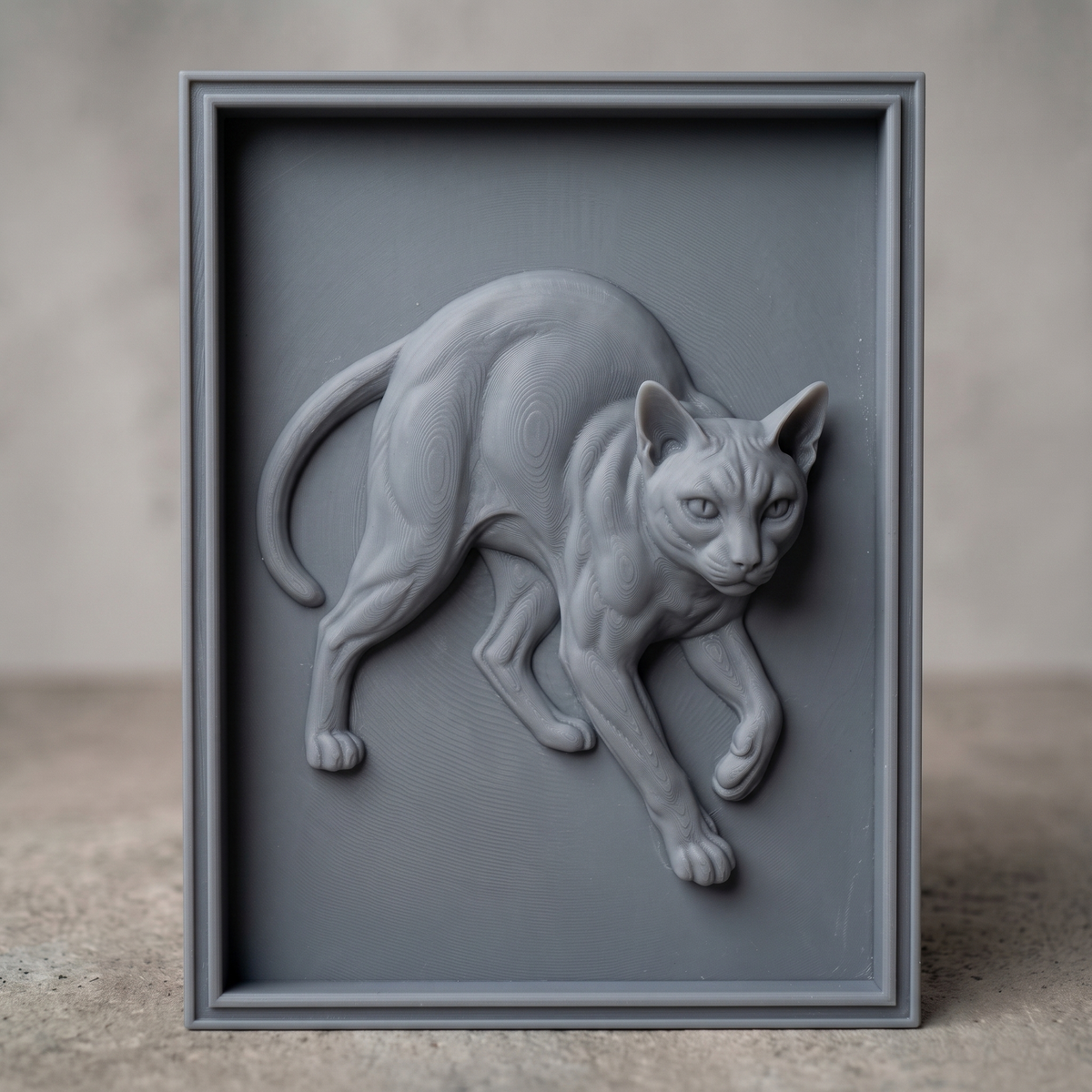 Highly detailed 3D bas-relief of a cat in a dynamic lunging, stretching pose, captured mid-step with an arched back and curled tail. Fine fur texture and muscle definition are carved throughout, set within a raised rectangular frame border. Designed for CNC relief carving, wood routing, and 3D printing as wall art or home decor.