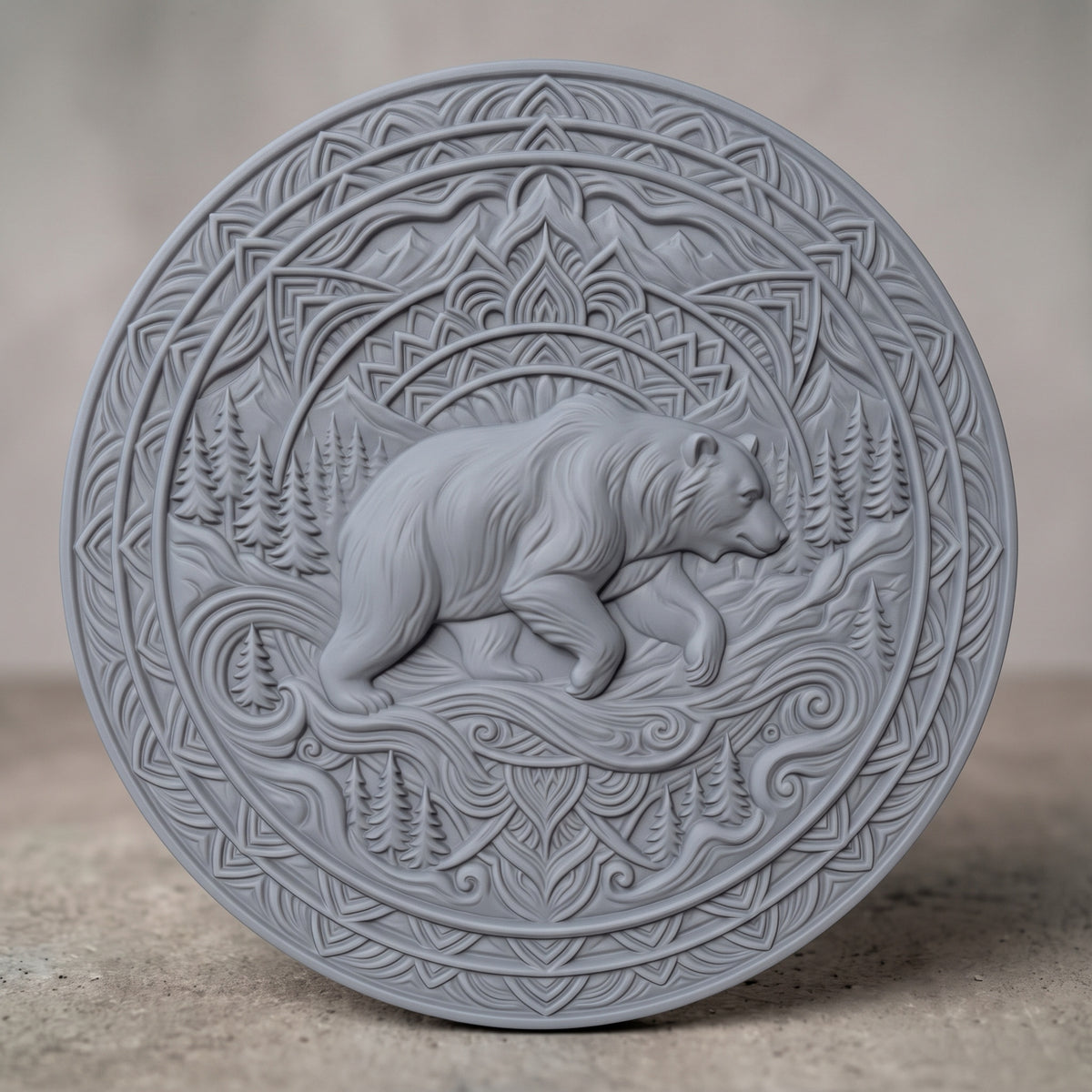 Detailed 3D bas-relief of a walking bear in a pine forest with mountains, set inside an ornate circular mandala frame of concentric rings, scrollwork and geometric patterns. Carved wood texture with raised detail and deep shadows. Designed for CNC carving, wood routing, 3D printing and rustic wall decor.