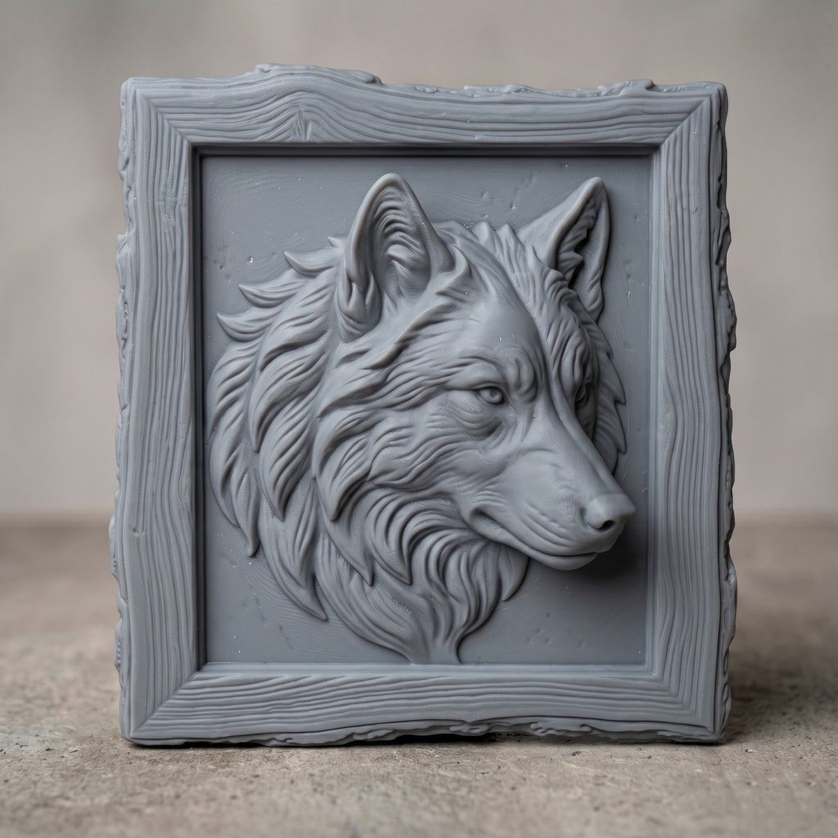 Detailed 3D bas-relief of a wolf head in profile with flowing layered fur, pointed ears and a calm watchful eye, set in a rustic live-edge wood picture frame with raised grain and rough natural edges around a recessed panel. Deep fur texture and carved wood grain. Made for CNC router carving, woodworking, 3D printing and rustic cabin wall decor.