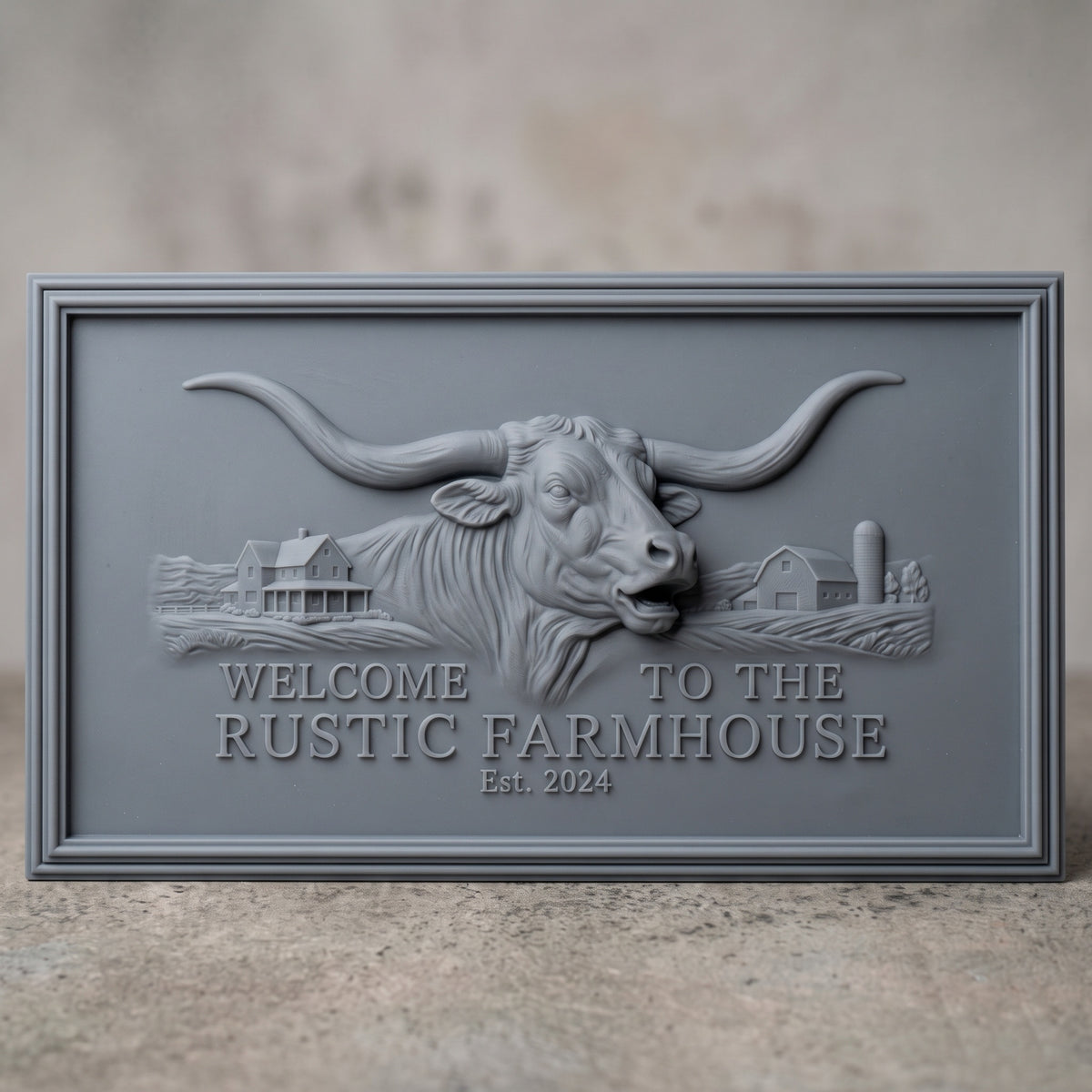 Detailed 3D bas-relief of a Texas longhorn bull with wide curved horns, set in a farmhouse and barn landscape with rolling fields and a silo. Raised lettering reads Welcome to the Rustic Farmhouse Est. 2024 below the bull, all inside a stepped molded rectangular frame. Fine hair, horn and wood-ready surface detail. Made for CNC router carving, woodworking, 3D printing and rustic western wall decor.