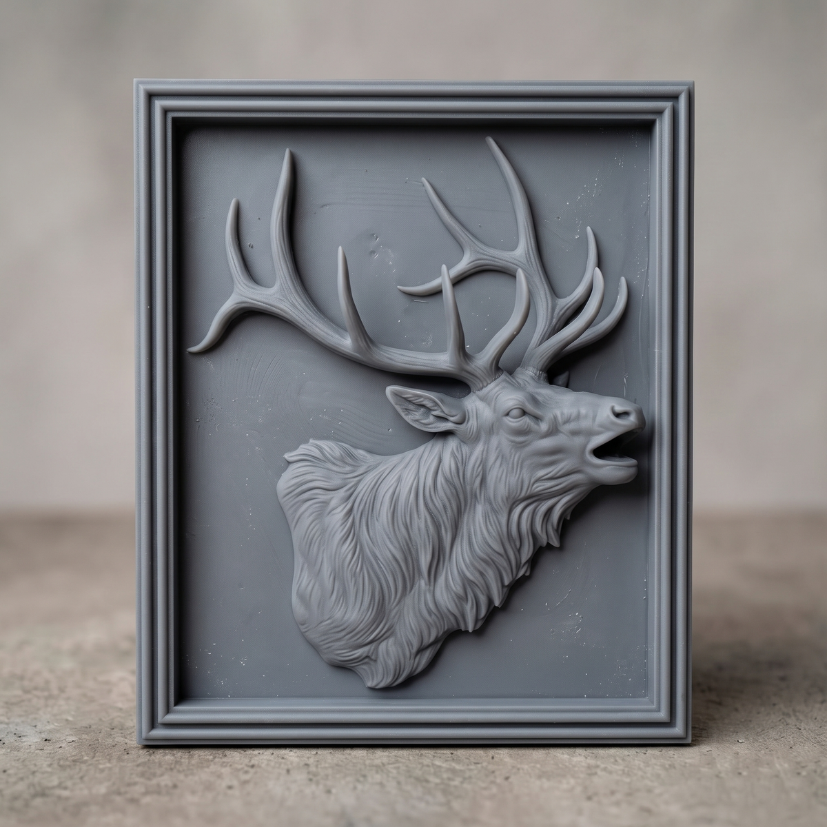 Detailed 3D bas-relief of a bugling bull elk head and shoulders with open mouth, large branching antlers, shaggy mane and fine fur texture. Set in a rectangular panel with a stepped molded frame, shown in carved walnut wood. Designed for CNC relief carving, woodworking and 3D printing as rustic wildlife wall decor.