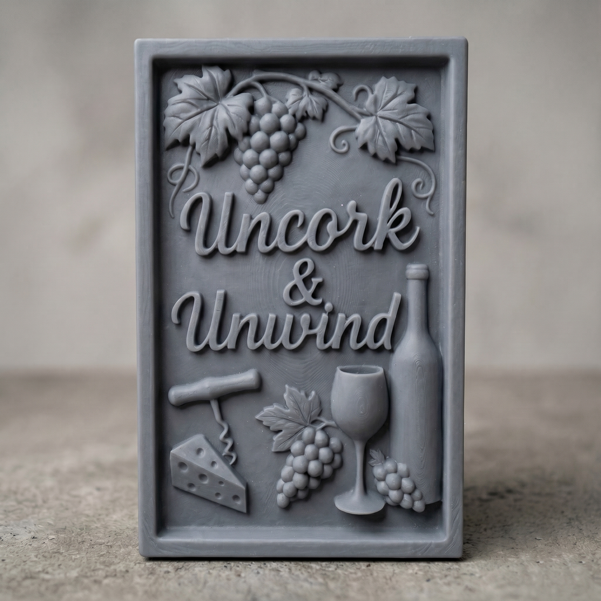 Detailed wooden bas-relief featuring the phrase “Uncork & Unwind” surrounded by grape clusters, vine leaves, a wine bottle, glass, corkscrew, and cheese wedge. The composition includes flowing script text, layered textures, and a framed rustic design, perfect for wine lovers and ideal for CNC carving or 3D printing decorative kitchen or bar wall art.