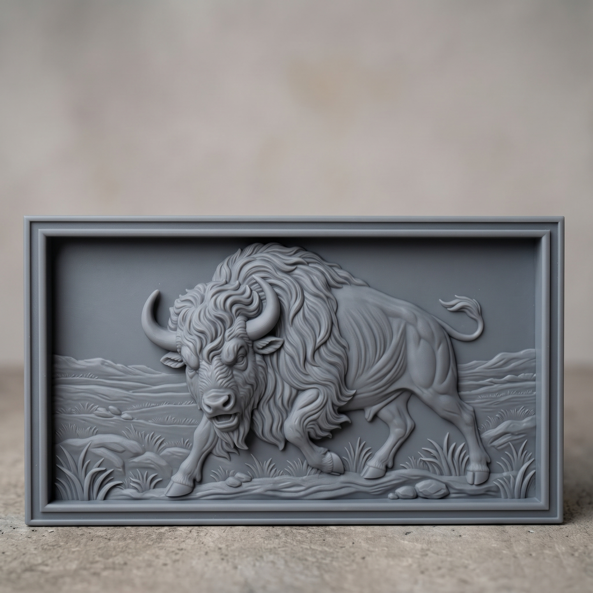 Detailed 3D bas-relief of an American bison charging forward with head lowered toward the viewer, showing curved horns, a flowing shaggy mane, bearded chin, muscular body and raised curled tail. Behind it stretches a prairie landscape with rolling hills, tall grass and scattered rocks. Set inside a wide stepped rectangular frame. Designed for CNC relief carving, wood routing and 3D printing as rustic western wall decor.