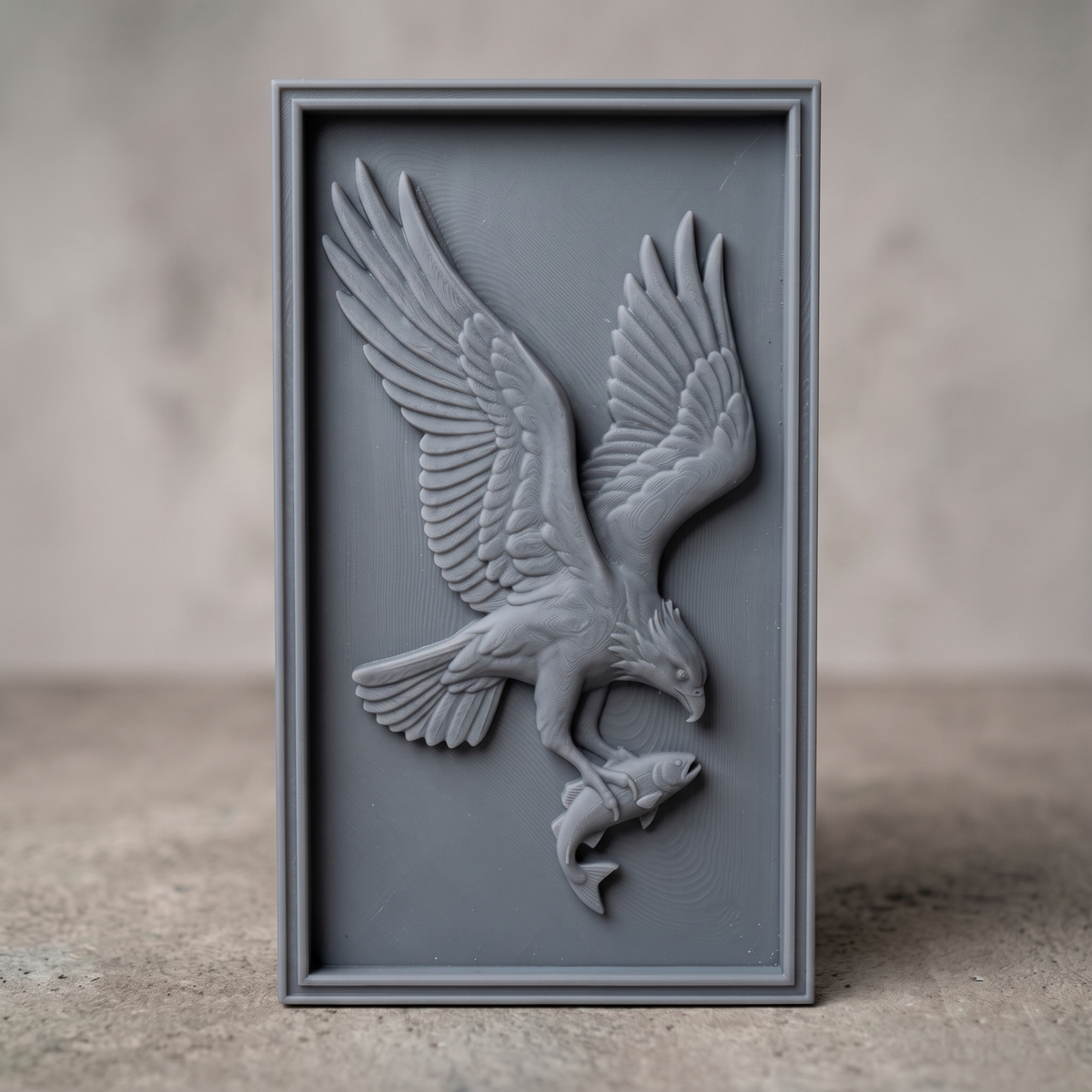 Highly detailed 3D bas-relief of a bald eagle diving with wings raised and spread wide, talons gripping a fish, head turned down toward its catch, carved in rich walnut wood. Framed by a raised, molded picture-frame border on a vertical rectangular panel. Fine relief carving captures individual feather barbs, fish scales, and natural wood grain. Designed for CNC relief carving, wood routing, and 3D printing as wildlife, lodge, or patriotic wall decor.