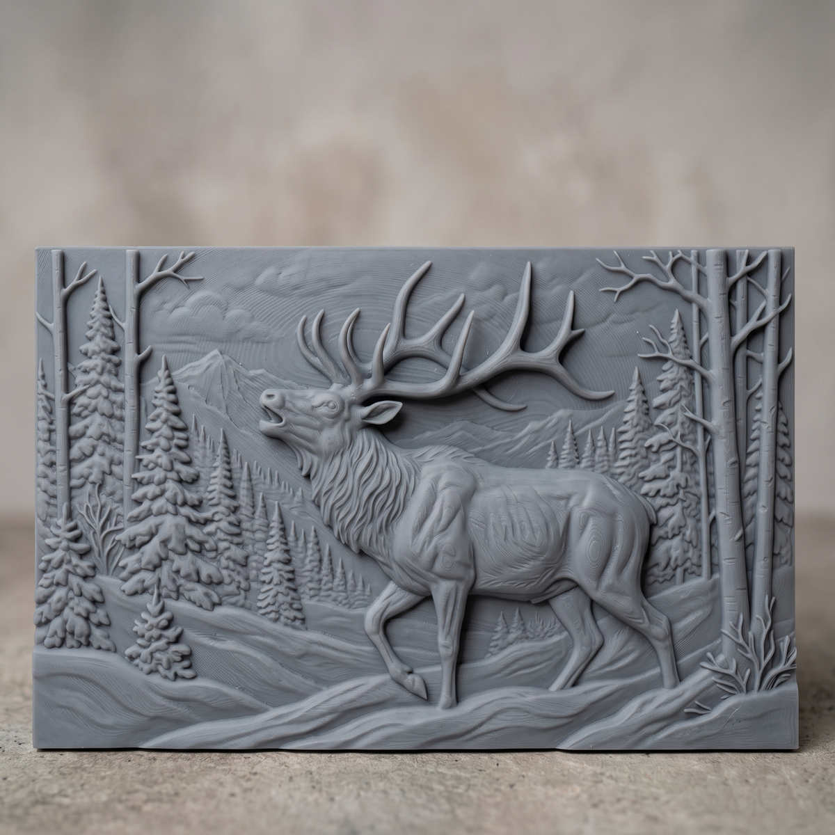 Detailed 3D bas-relief of a bugling bull elk with large antlers stepping through a snowy winter forest, with spruce trees, bare birches, snowdrifts and distant mountains, set on a flat rectangular slab. Shown in carved walnut wood and grey resin. Designed for CNC relief carving, woodworking and 3D printing as rustic cabin wildlife wall decor.