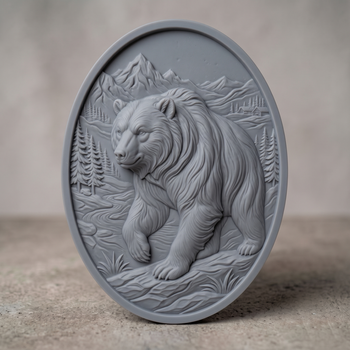 High-relief 3D bas-relief of a walking grizzly bear with flowing fur on an oval slab, set in a mountain valley with pine trees, a winding river, rocks, grass and a log cabin. Flat slab margin with no raised frame. Designed for CNC relief carving, wood routing and 3D printing as rustic cabin wall decor.