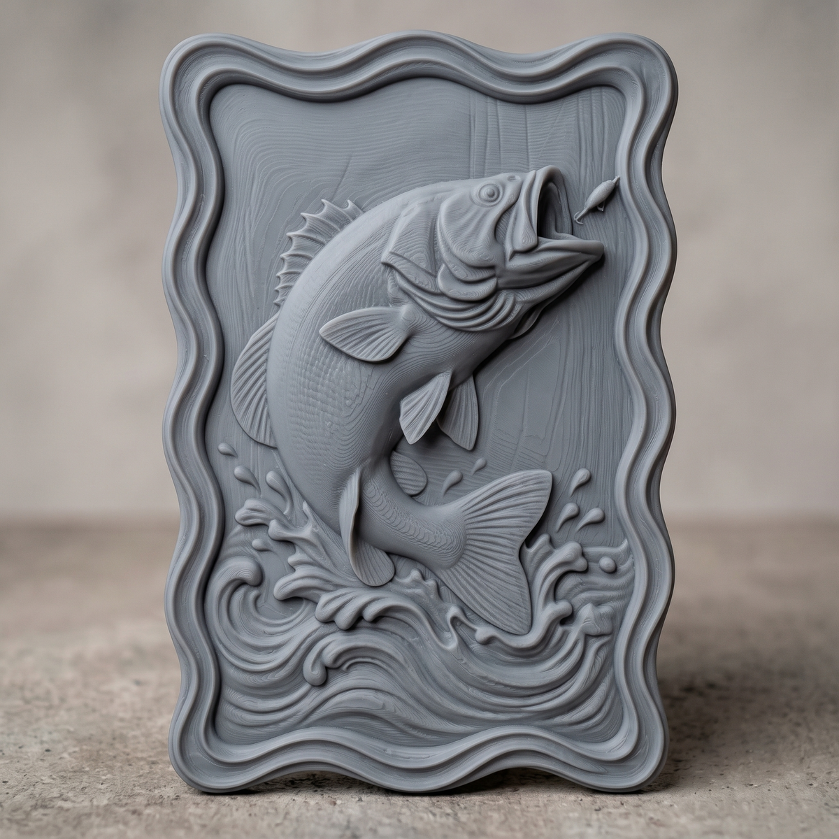 A detailed 3D bas-relief of a largemouth bass leaping from splashing water toward a fishing lure, set within a wavy scalloped-edge rectangular frame. Fine scale texture, fin detail, and dynamic water spray are carved in raised relief with a natural wood grain finish. Designed for CNC relief carving, wood routing, and 3D printing as fishing-themed wall decor.