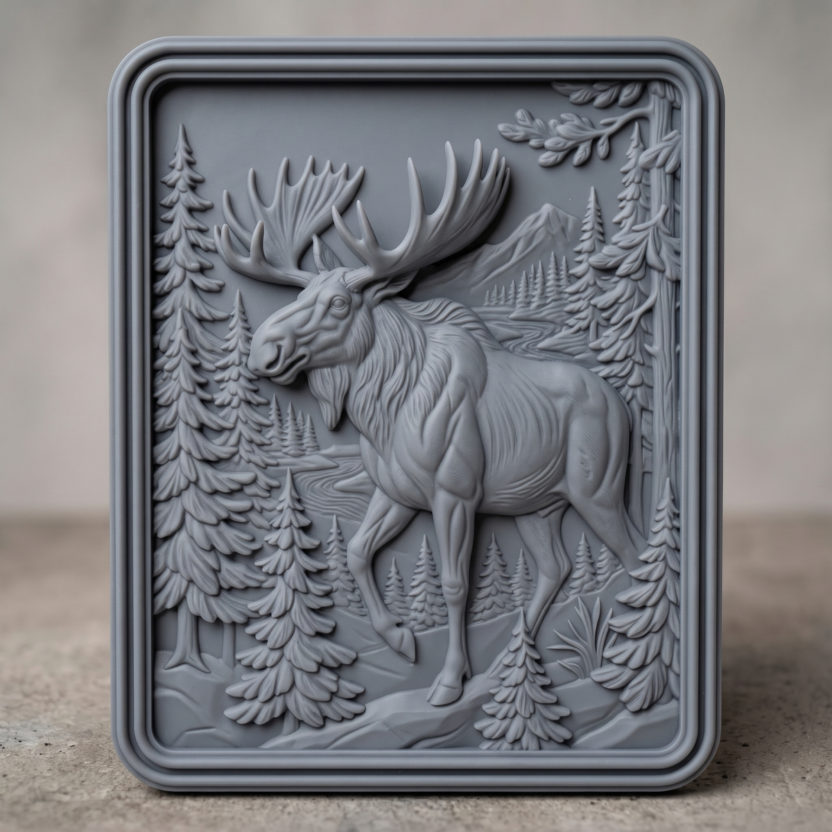 High-relief 3D bas-relief of a walking moose with large antlers in a pine forest with mountains and a winding river, framed in a portrait rectangular plaque with rounded corners. Fine antler, fur and pine needle detail with layered relief. Designed for CNC relief carving, wood routing and 3D printing as rustic wildlife wall decor for a cabin, lodge or hunting den.