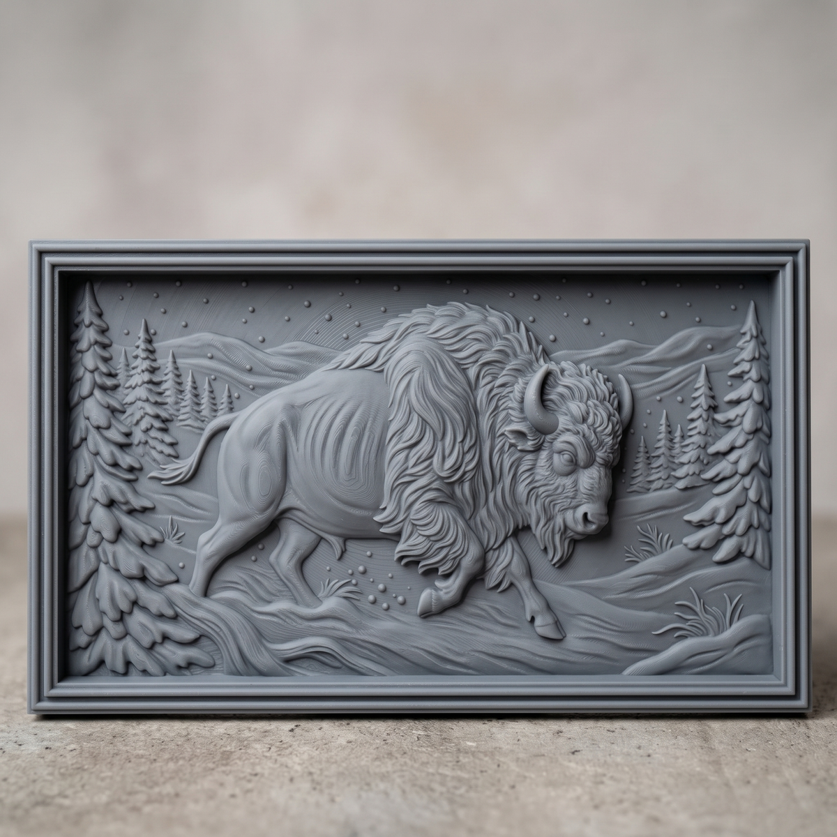 Detailed 3D bas-relief of a powerful bison charging through deep snow, head lowered with curved horns, shaggy mane and one front hoof raised. Snowy pine trees line both sides, rolling hills and falling snowflakes fill the sky, and snow sprays near the hooves. Set in a rectangular panel with a stepped molded frame. Designed for CNC relief carving, wood routing and 3D printing as rustic cabin wall decor.