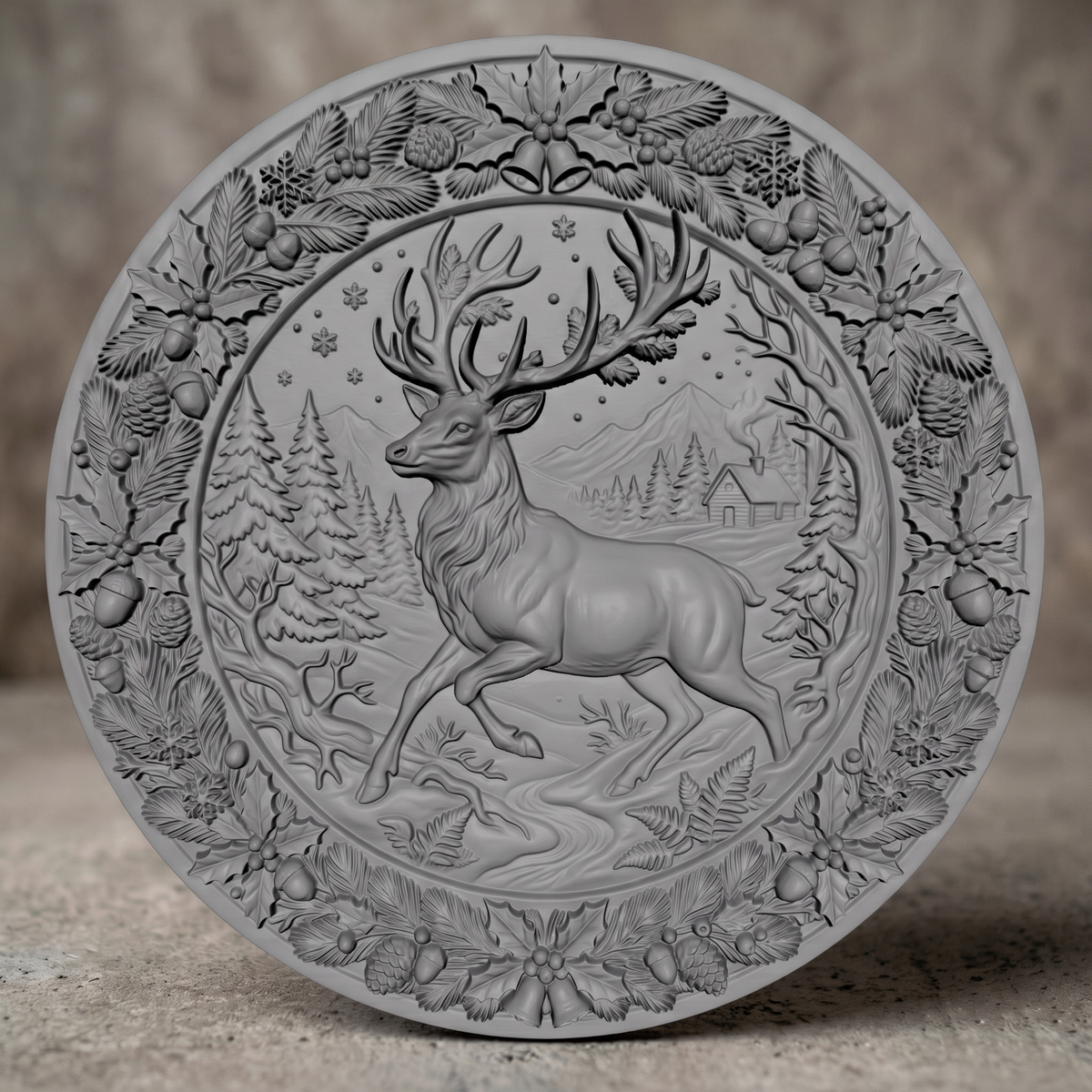 Detailed 3D bas-relief of a leaping stag with large antlers in a snowy pine forest with a log cabin and mountains, set inside a round medallion. The raised border is a wreath of holly leaves, berries, pine branches, cones, acorns, snowflakes and jingle bells. Fine fur and foliage texture. Designed for CNC relief carving, woodworking and 3D printing as Christmas wall decor.