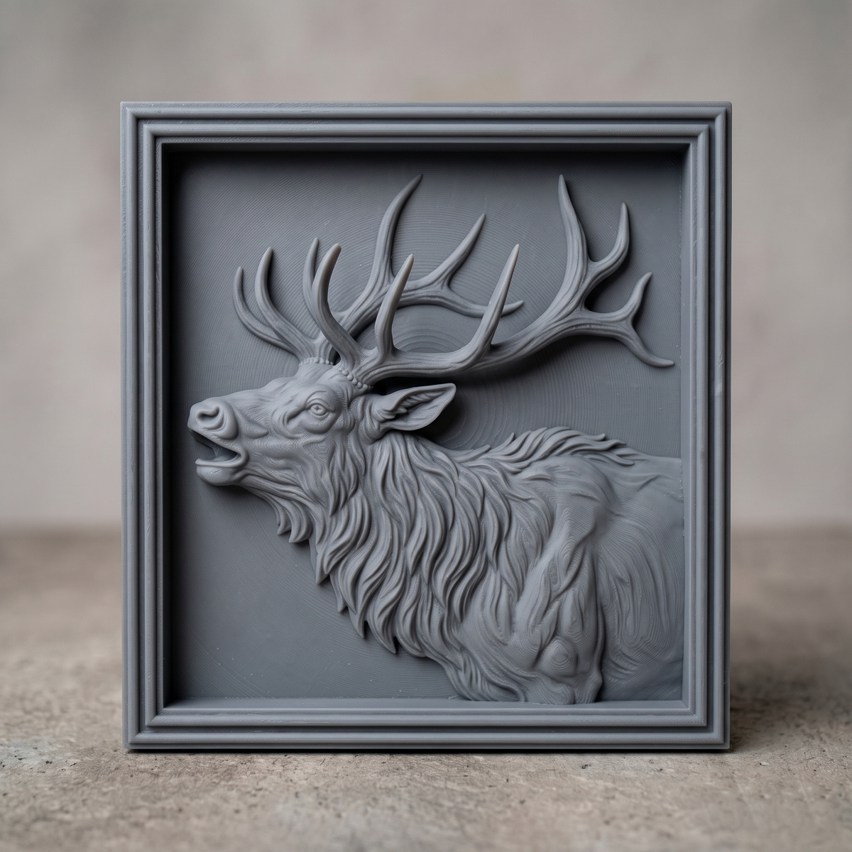 Detailed 3D bas-relief of a bugling bull elk in side profile with open mouth, large branching antlers, shaggy mane and fine fur texture. Set in a square panel with a stepped molded frame, shown in carved walnut wood. Designed for CNC relief carving, woodworking and 3D printing as rustic wildlife wall decor.