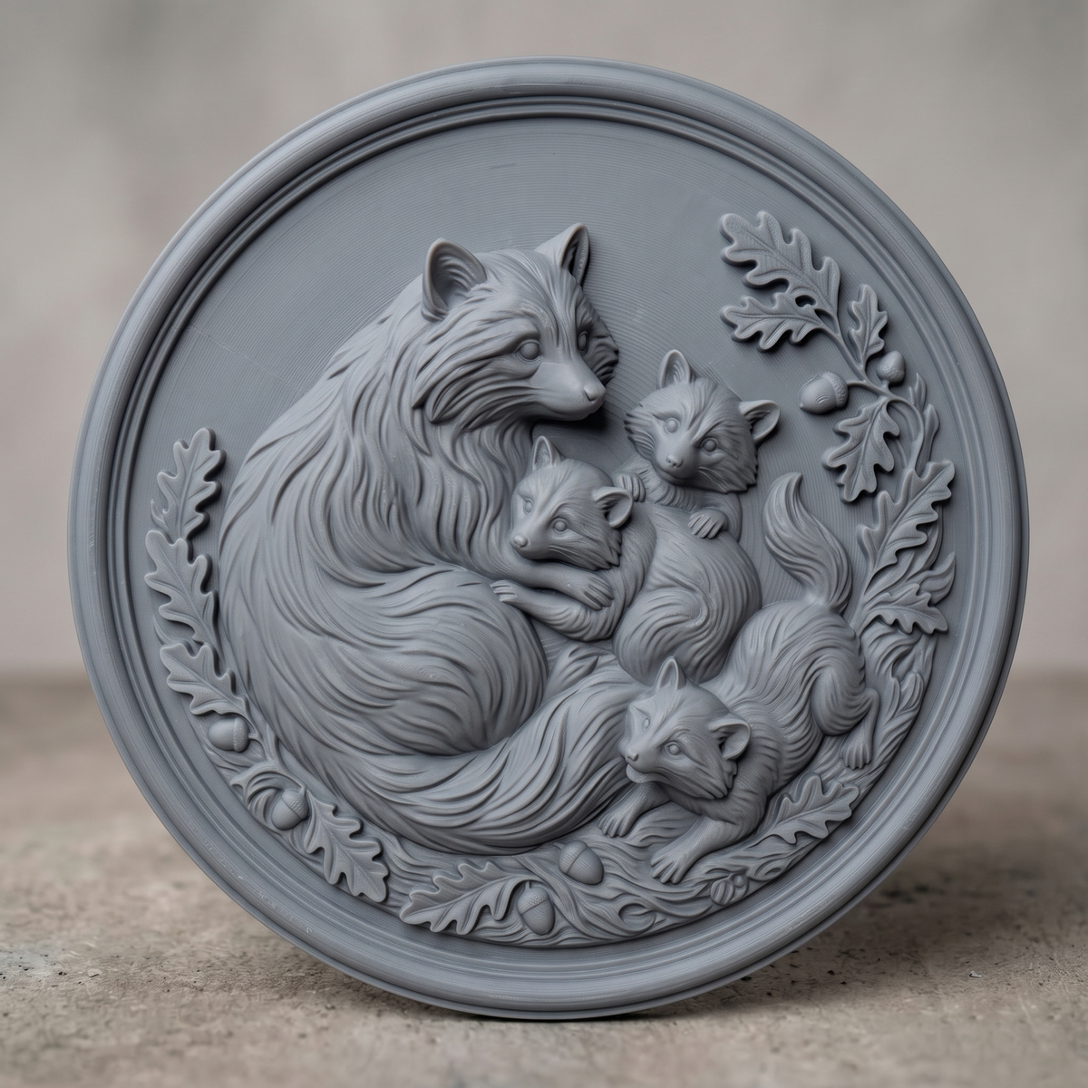 A mama raccoon cradles two kits while a third kit rests nearby, carved in deep 3D bas-relief with fine fur texture and expressive eyes. An oak leaf and acorn wreath wraps the scene, framed within a raised double-ring circular border. Designed for CNC relief carving, wood routing, and 3D printing as rustic wall decor.