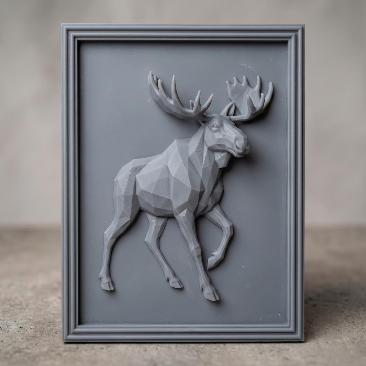 Faceted low poly moose with huge palmate antlers walking on a plain smooth background, shown as a portrait rectangular frame relief plaque with a stepped molded border, digital STL model for CNC router carving and 3D printing.