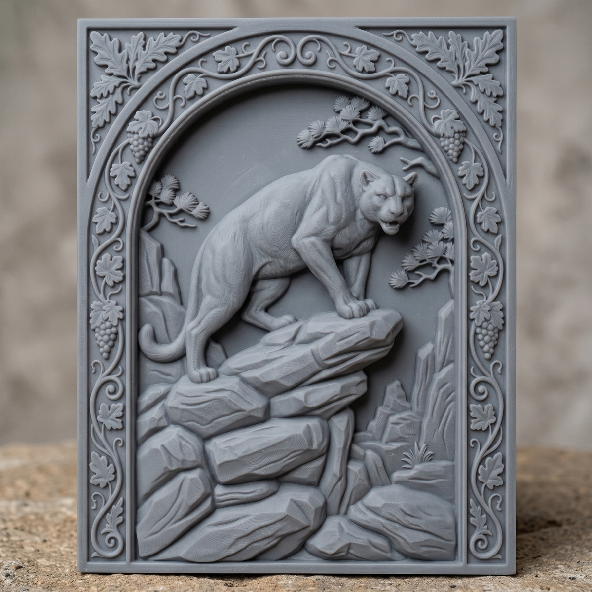 Mountain lion carved in dark walnut wood on a rocky ledge inside an arched rectangular frame with oak leaf, grape vine and pine details, shown as a workshop mockup and a grey resin render. Digital STL relief file for CNC routers and 3D printers, ideal for wildlife wall art, panels and woodworking projects.