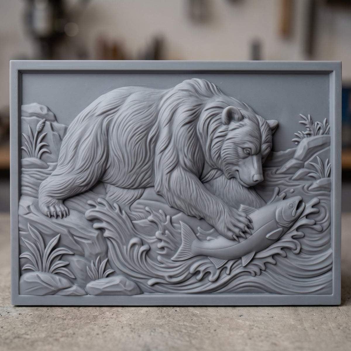 Detailed 3D bas-relief of a grizzly bear catching a leaping salmon in a rushing river, with splashing waves, riverside rocks and wild grasses. Framed by a rectangular border with a recessed panel and stepped inner edge. Shown in carved walnut wood and grey resin. Designed for CNC relief carving, woodworking and 3D printing as rustic cabin wildlife wall decor.