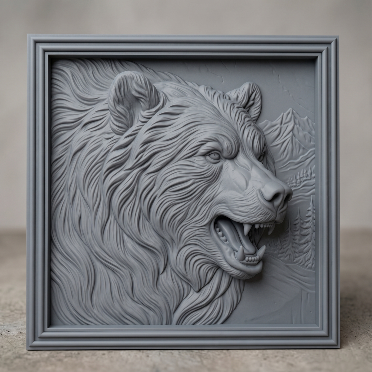 Detailed 3D bas-relief of a snarling grizzly bear head in profile with flowing fur, open jaws and fangs, set against a mountain and pine forest scene inside a stepped square molded frame. Shown in carved walnut wood and grey resin. Designed for CNC relief carving, woodworking and 3D printing as rustic cabin wildlife wall decor.