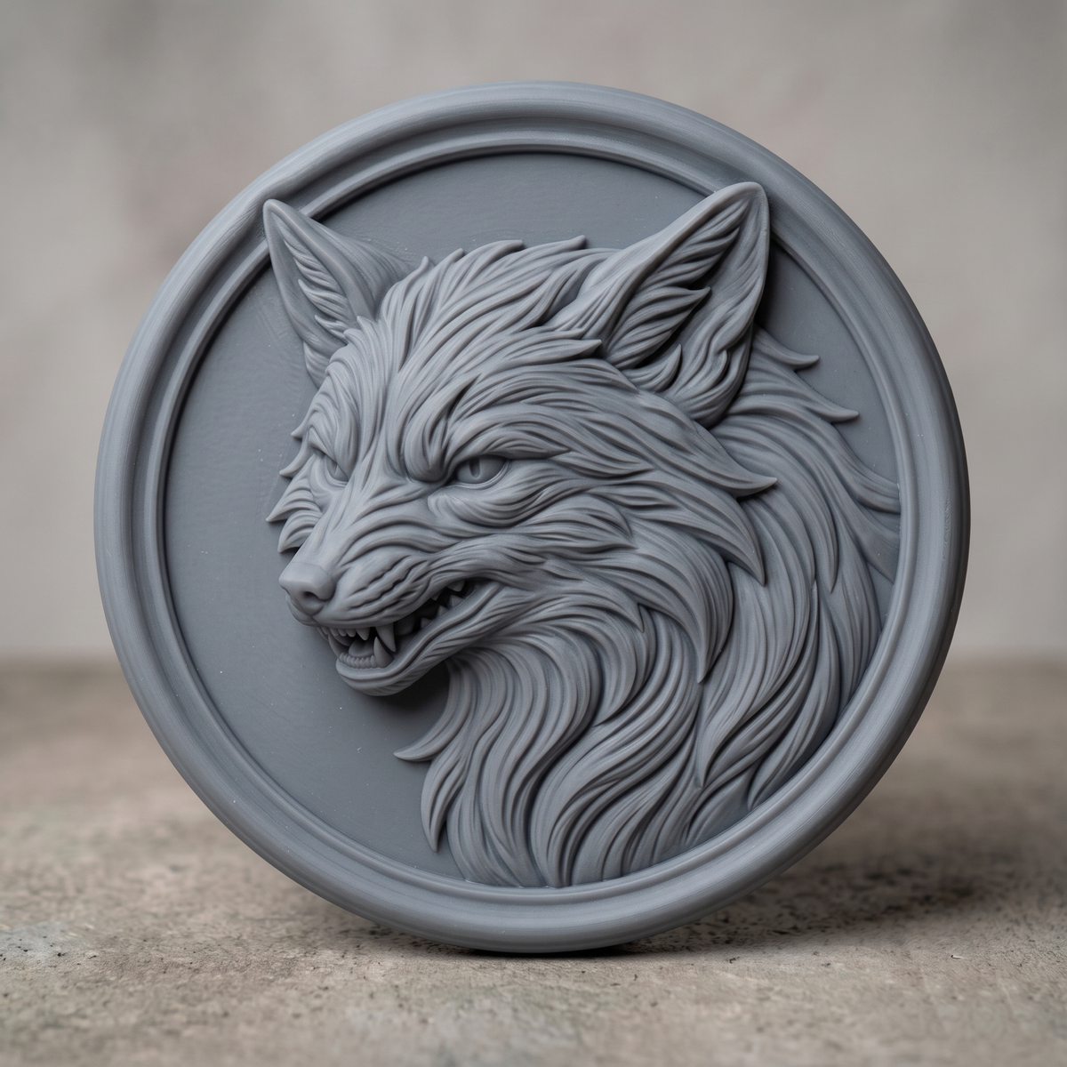 A high-relief 3D carving of a snarling fox head, bared teeth, narrow eyes, and a flowing fur mane rendered in fine raised detail. The bust is set within a raised circular medallion frame with a smooth rim. Carved wood texture shown for reference. Designed for CNC relief carving, wood routing, resin casting, and 3D printing as wall decor or a medallion plaque.