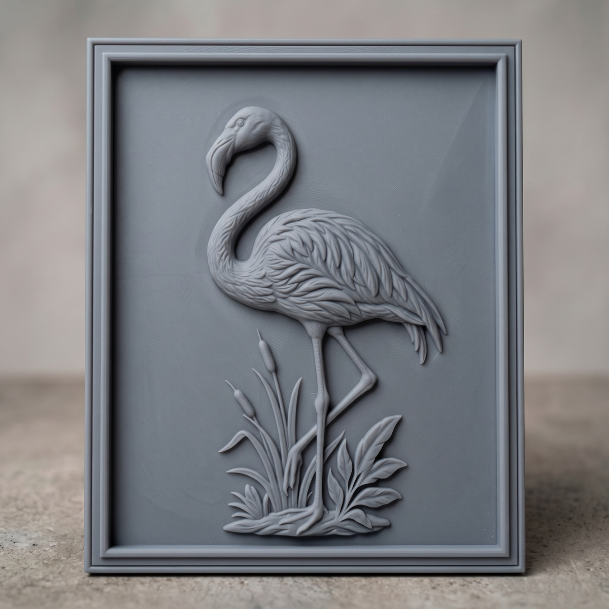 Detailed 3D bas-relief of a flamingo standing on one leg among tall cattails and reeds, long curved neck lowered, carved in rich walnut wood with fine feather and grain texture. Set within a molded rectangular picture-frame border. Designed for CNC relief carving, wood routing, and 3D printing as wetland wall decor.